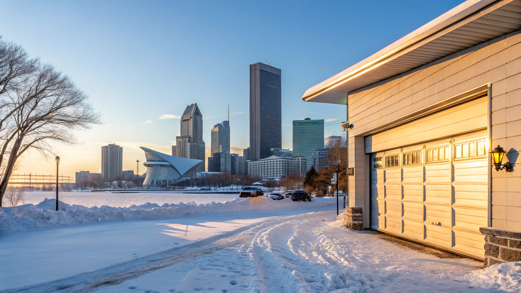 Create a vibrant, high-resolution image of the Milwaukee skyline in winter with a unique twist: the foreground features a partially opened garage door