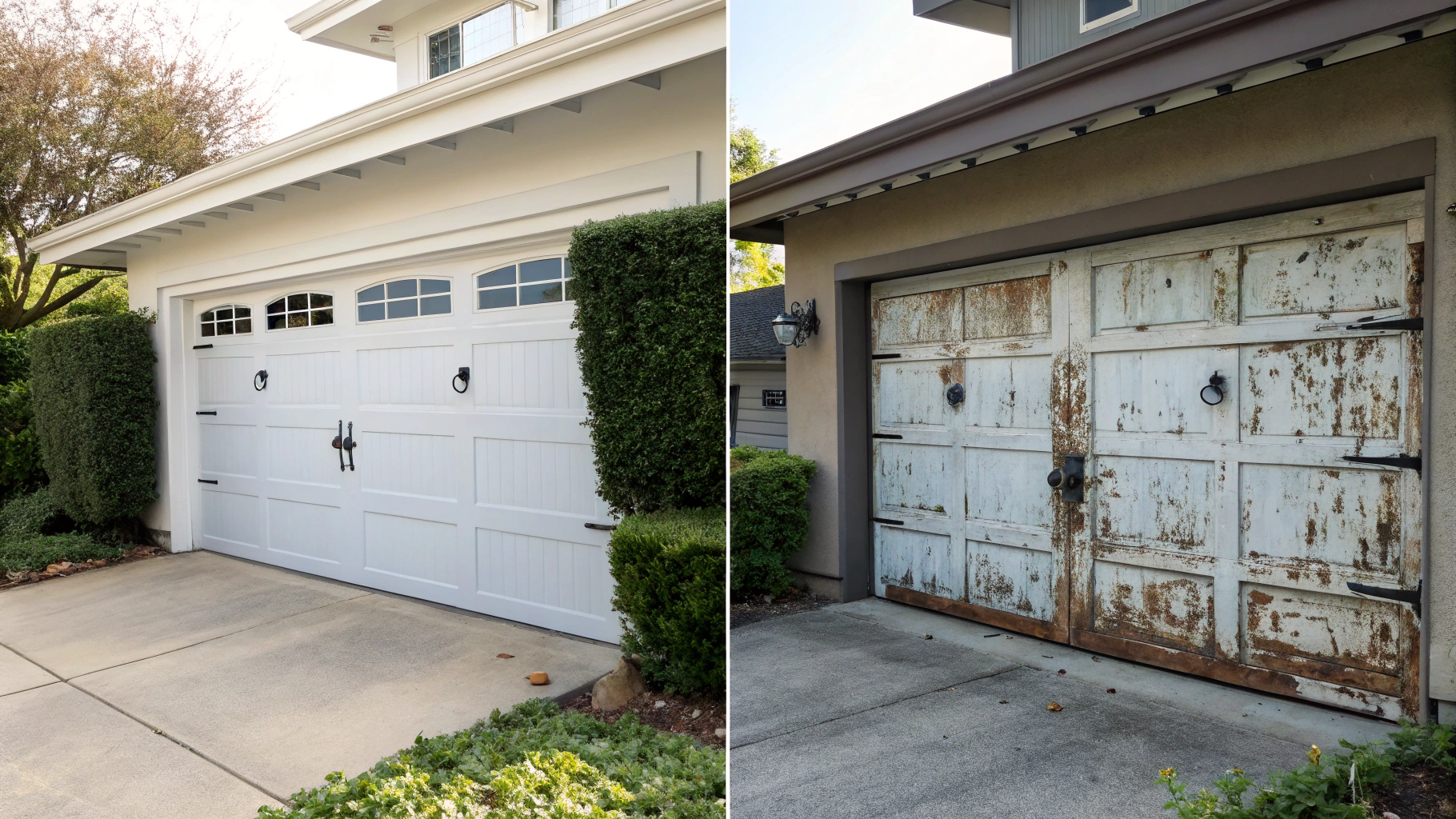 Split image featuring two contrasting garage doors