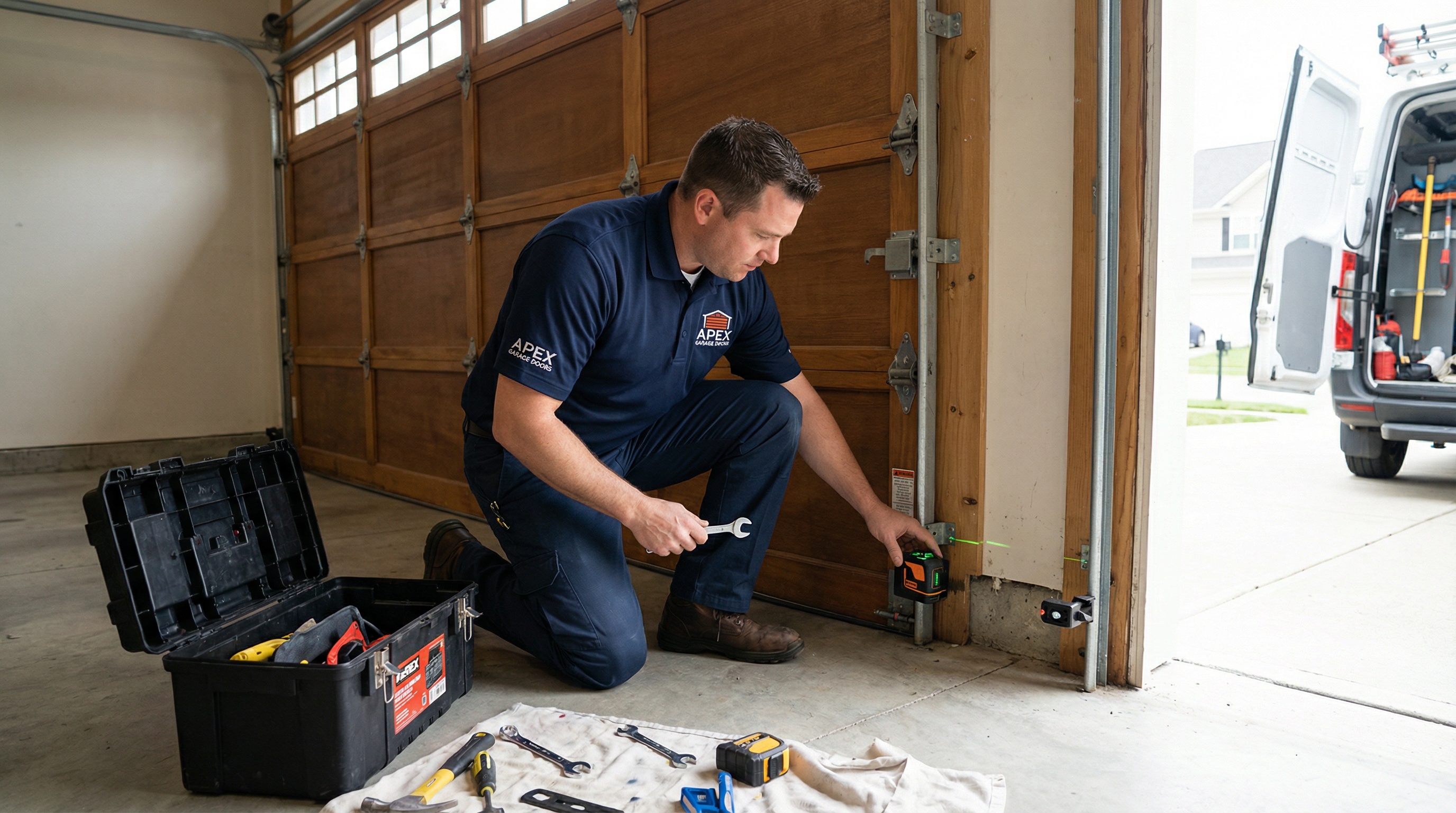 Professional garage door technician adjusting sensor alignment with tools