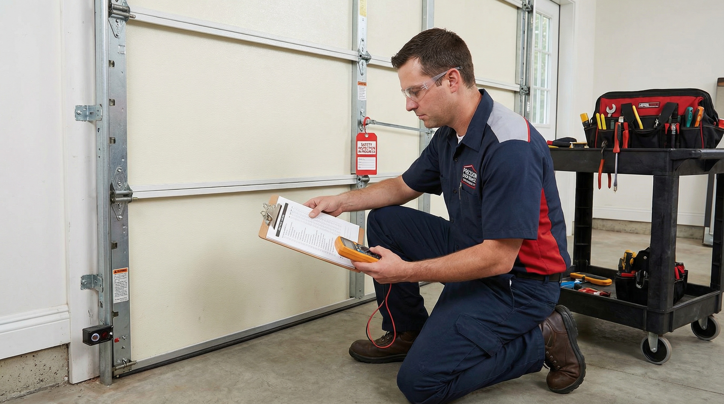 Garage door technician performing safety inspection