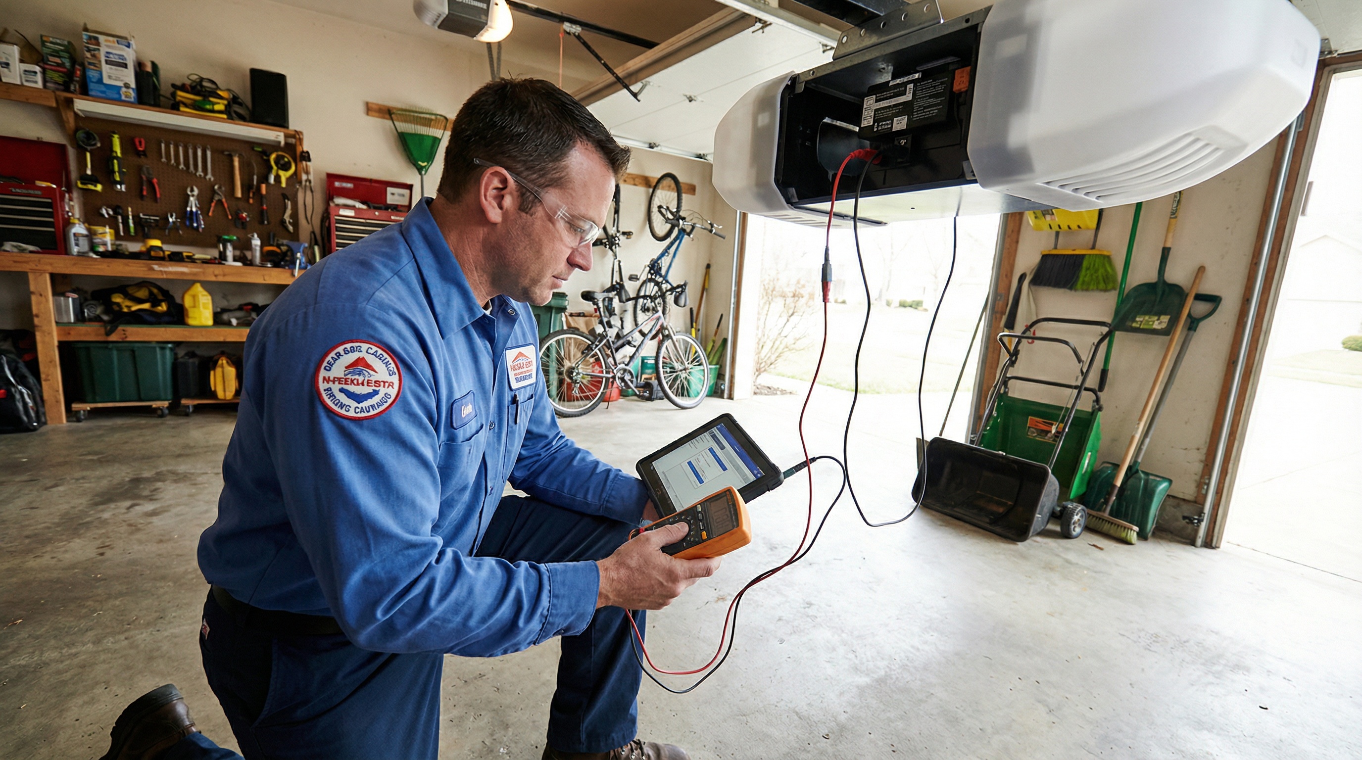 Professional technician diagnosing garage door opener problems with diagnostic tools