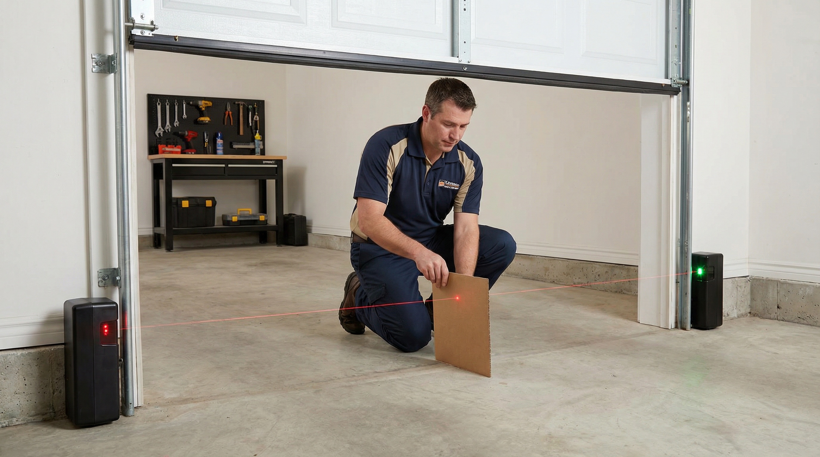 Testing garage door safety sensors to ensure proper operation and reversal function
