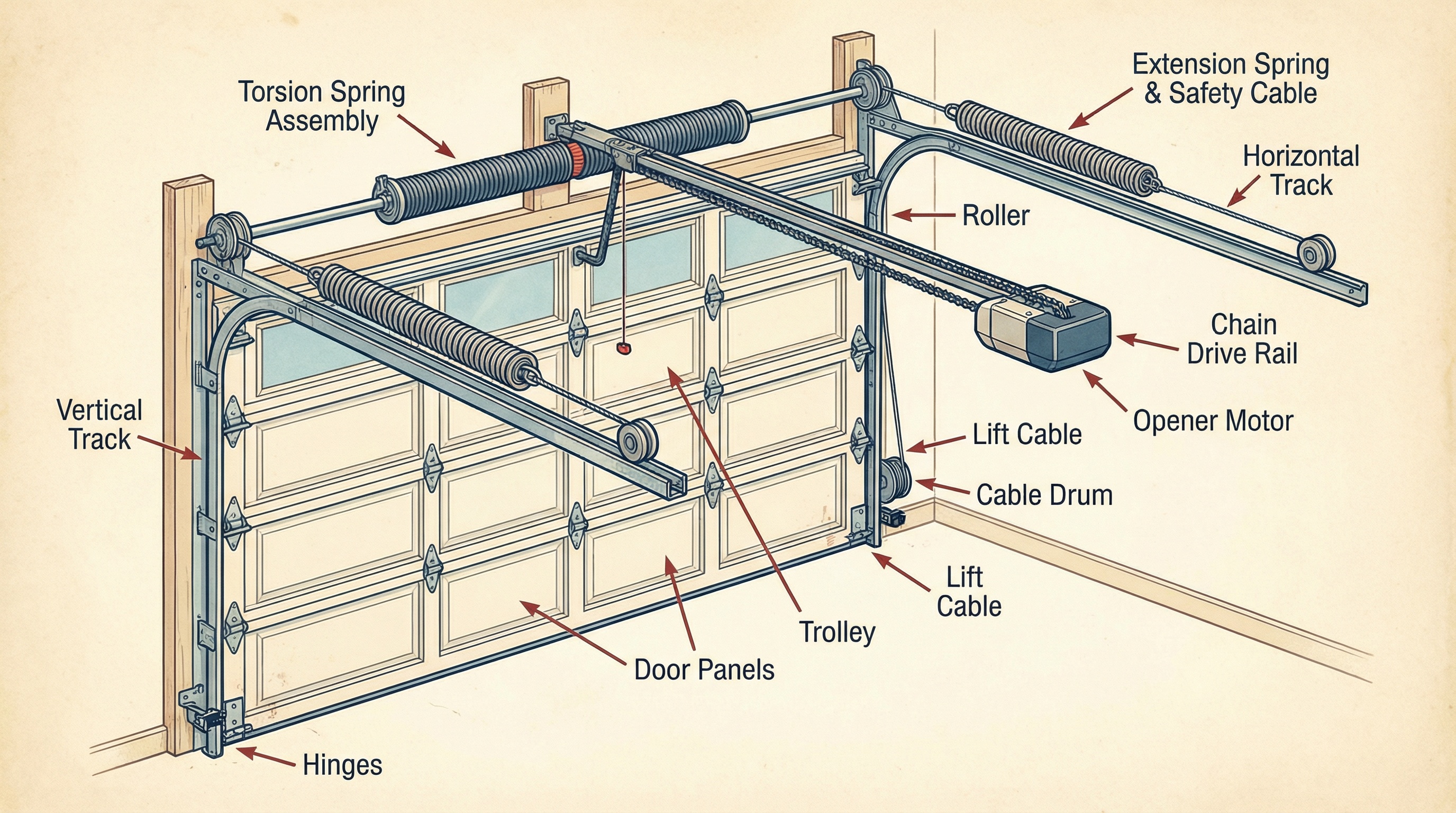 Diagram of garage door mechanical components
