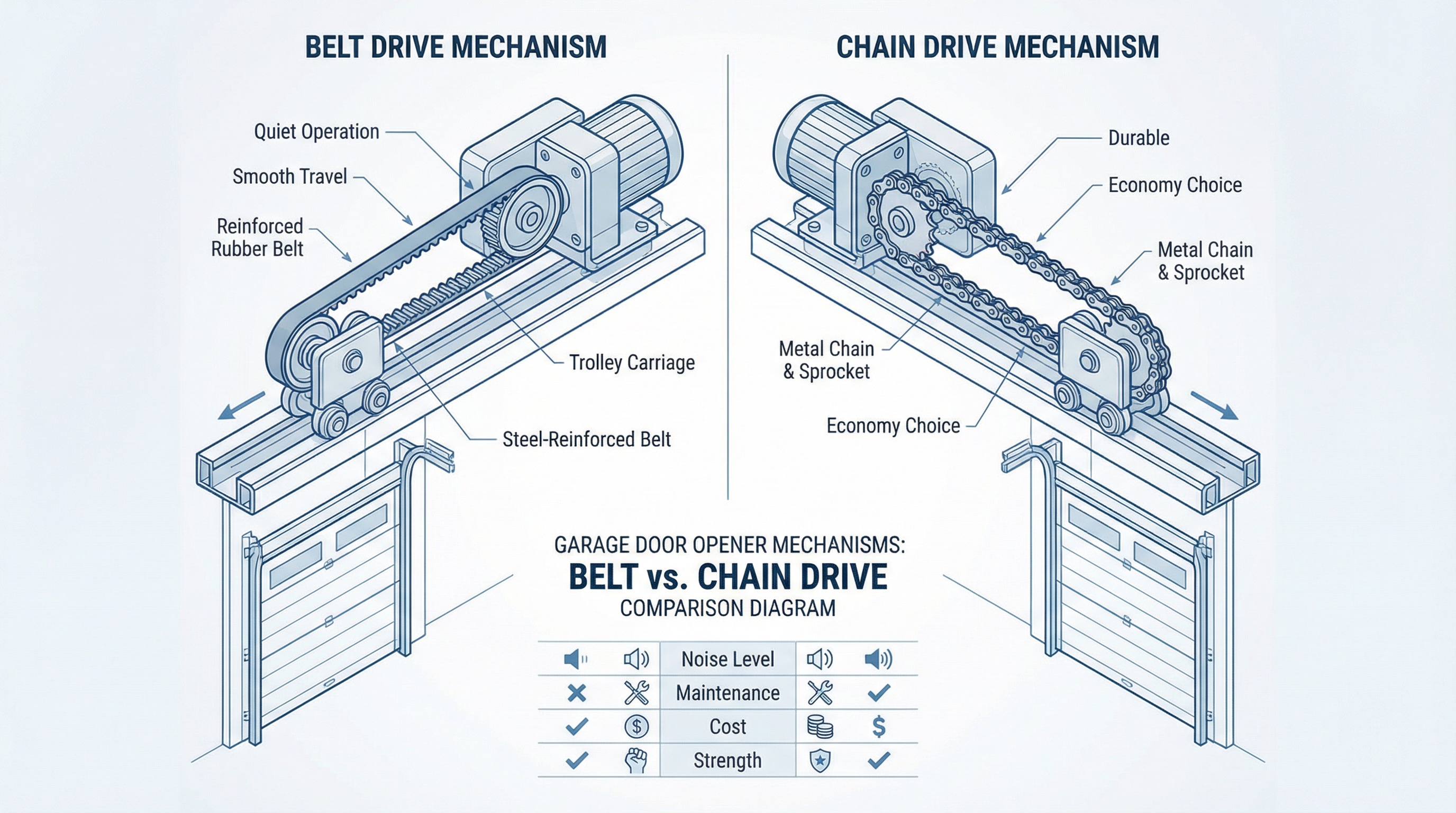 Comparison diagram showing belt drive vs chain drive garage door opener mechanisms
