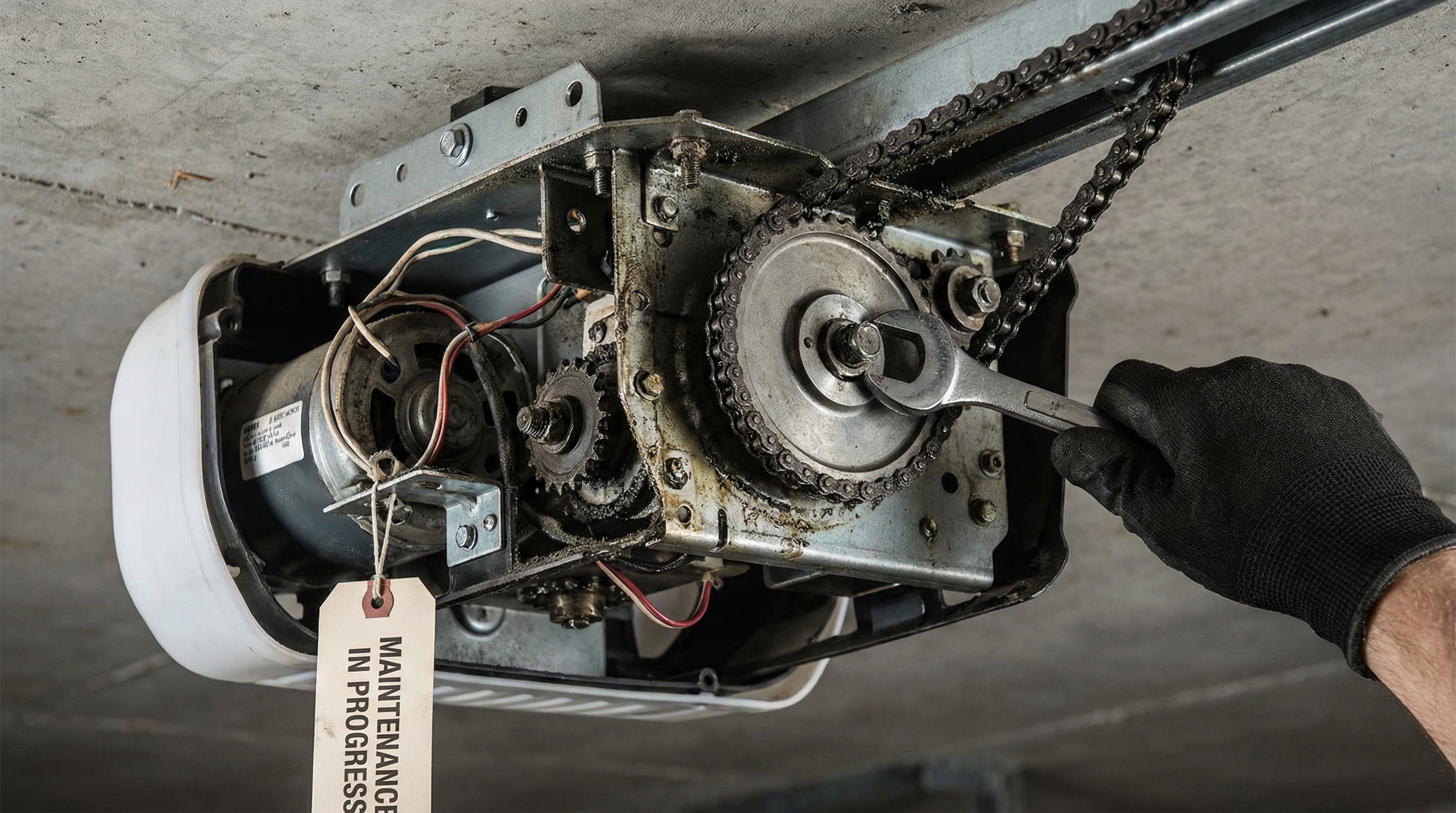 Garage door opener mechanism showing gears and chains that can cause noise problems