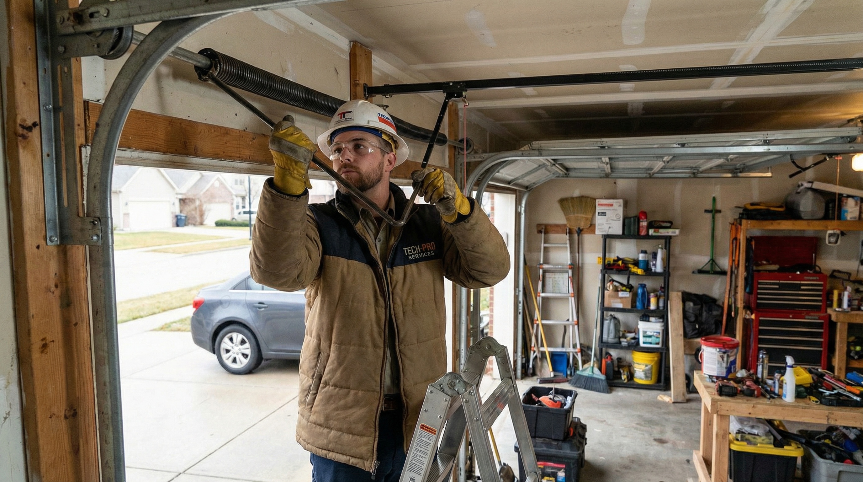 Professional technician installing new garage door springs with proper safety equipment