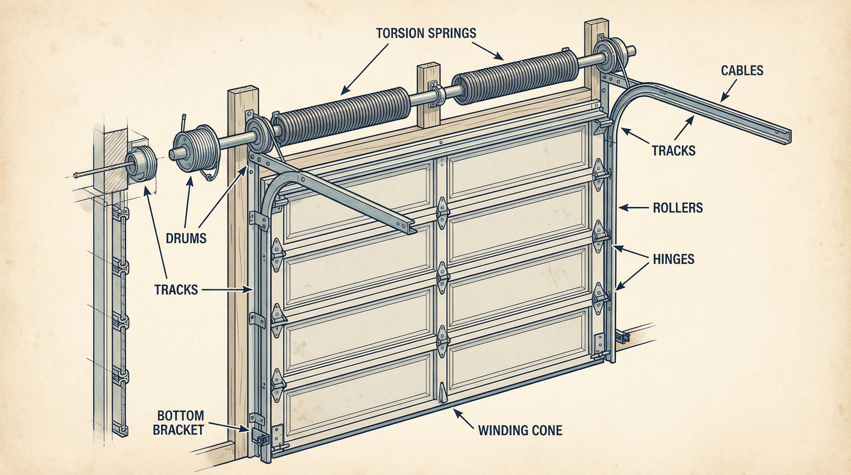 Garage door components diagram showing springs, cables, tracks and rollers