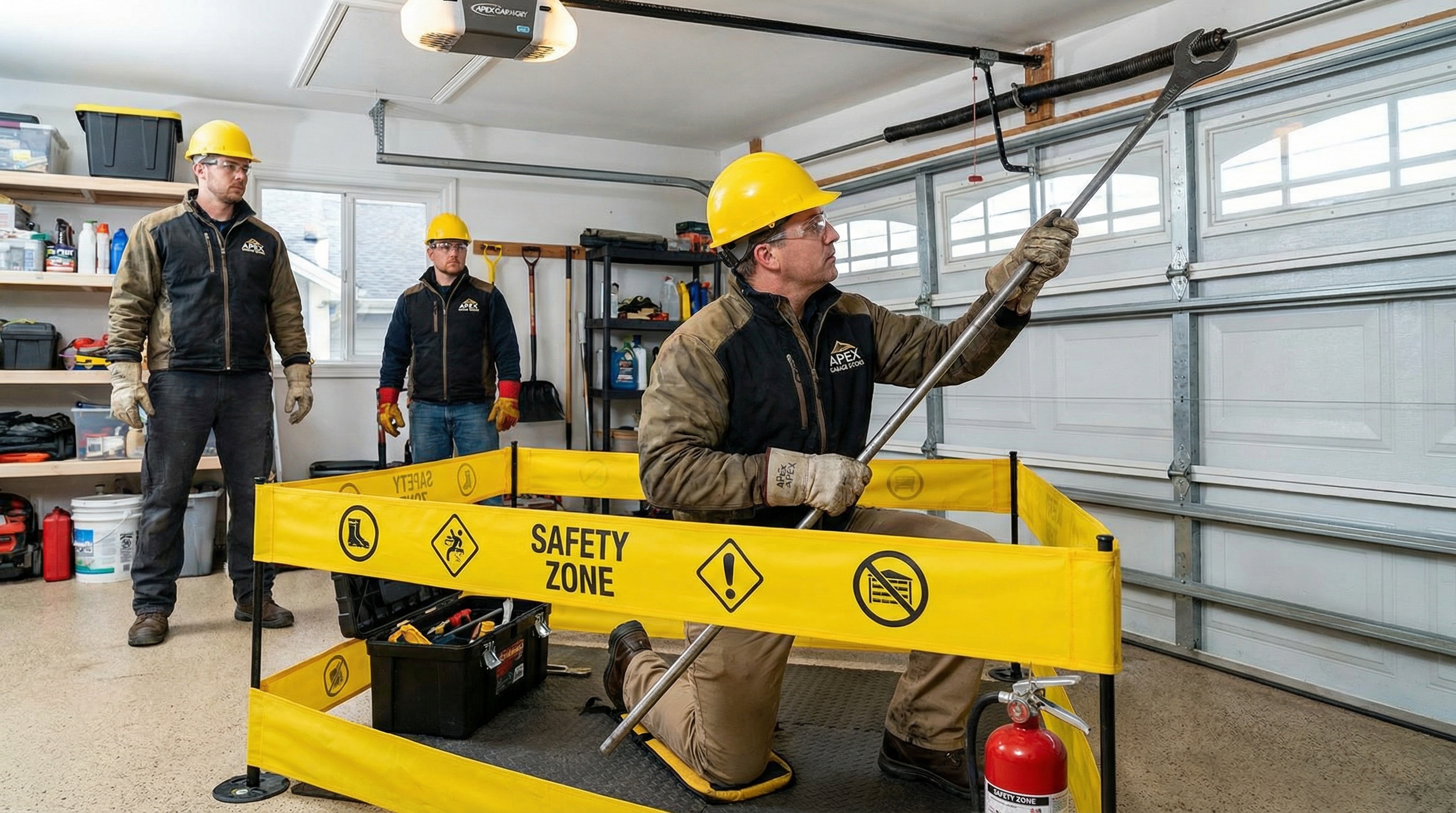 Professional technician replacing garage door springs with safety equipment