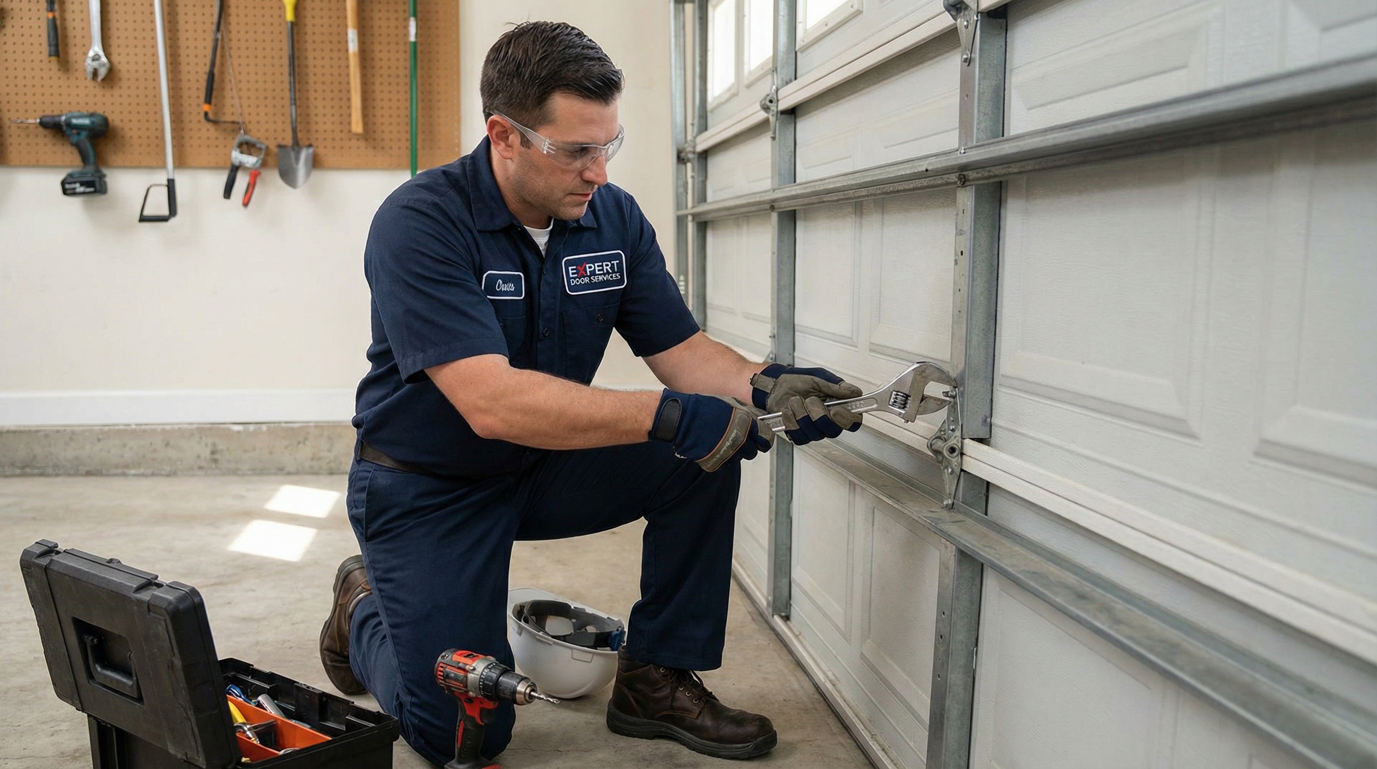 Professional garage door technician in uniform working on repairing a garage door with tools and safety equipment