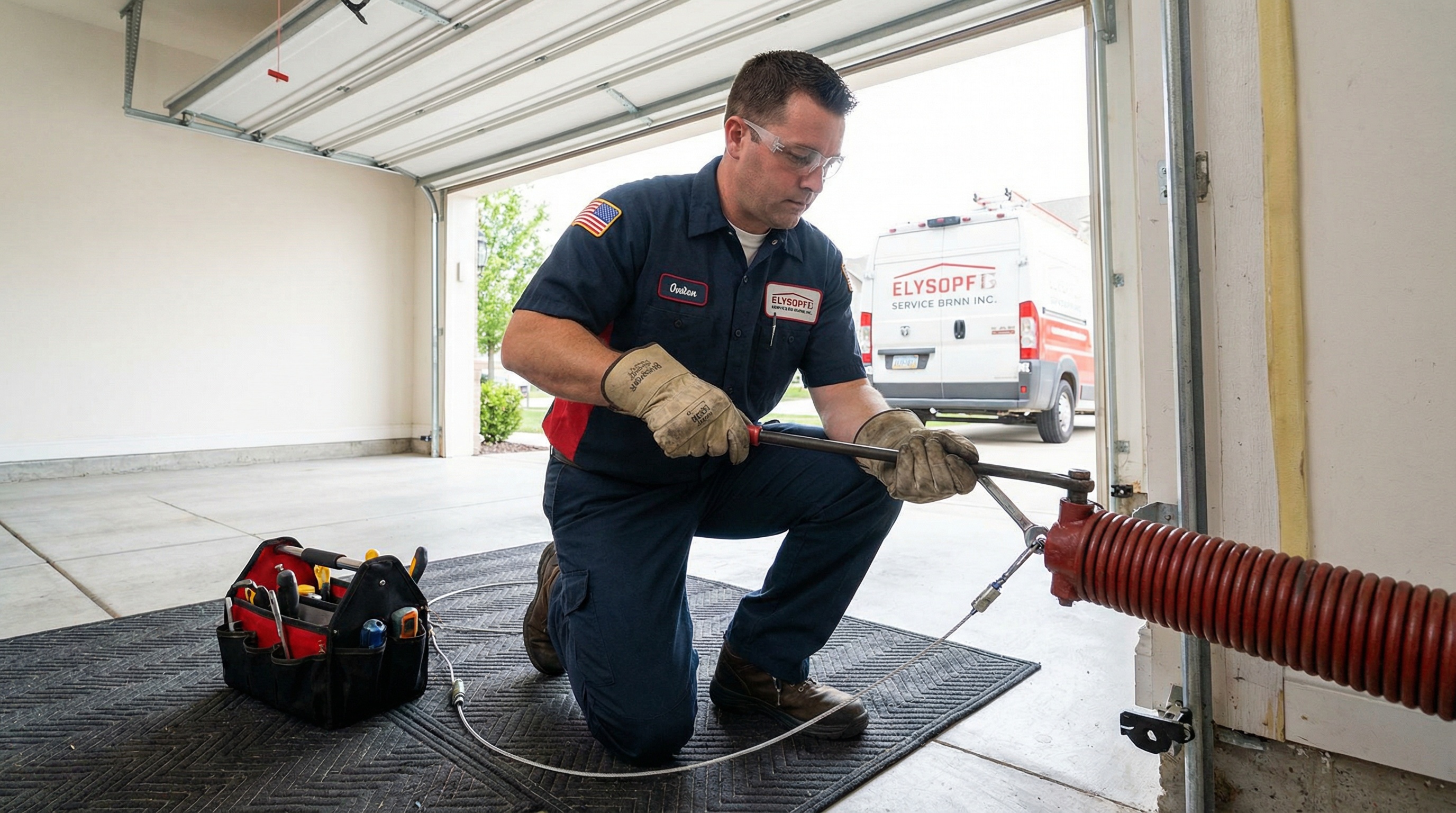 Professional technician using proper tools to replace garage door springs safely