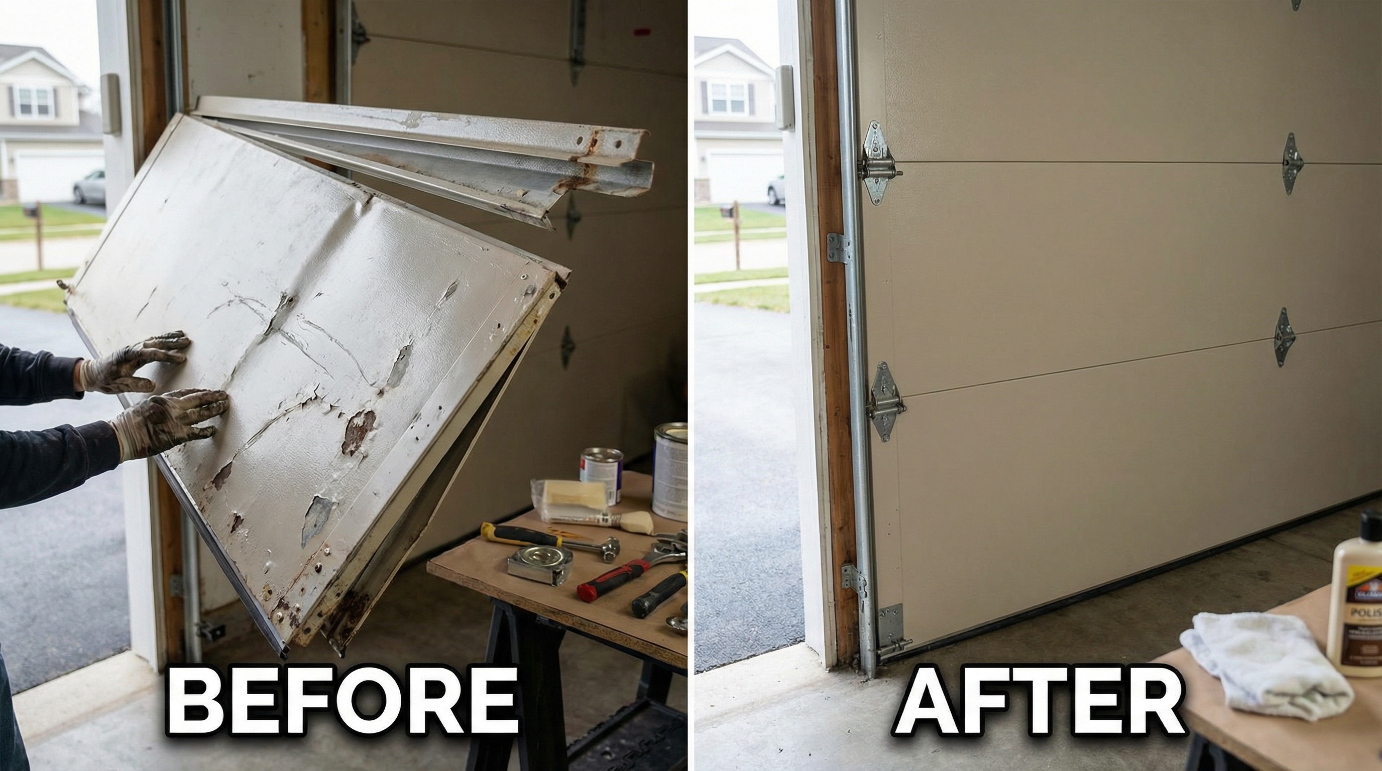 Before and after comparison of a damaged garage door panel being repaired