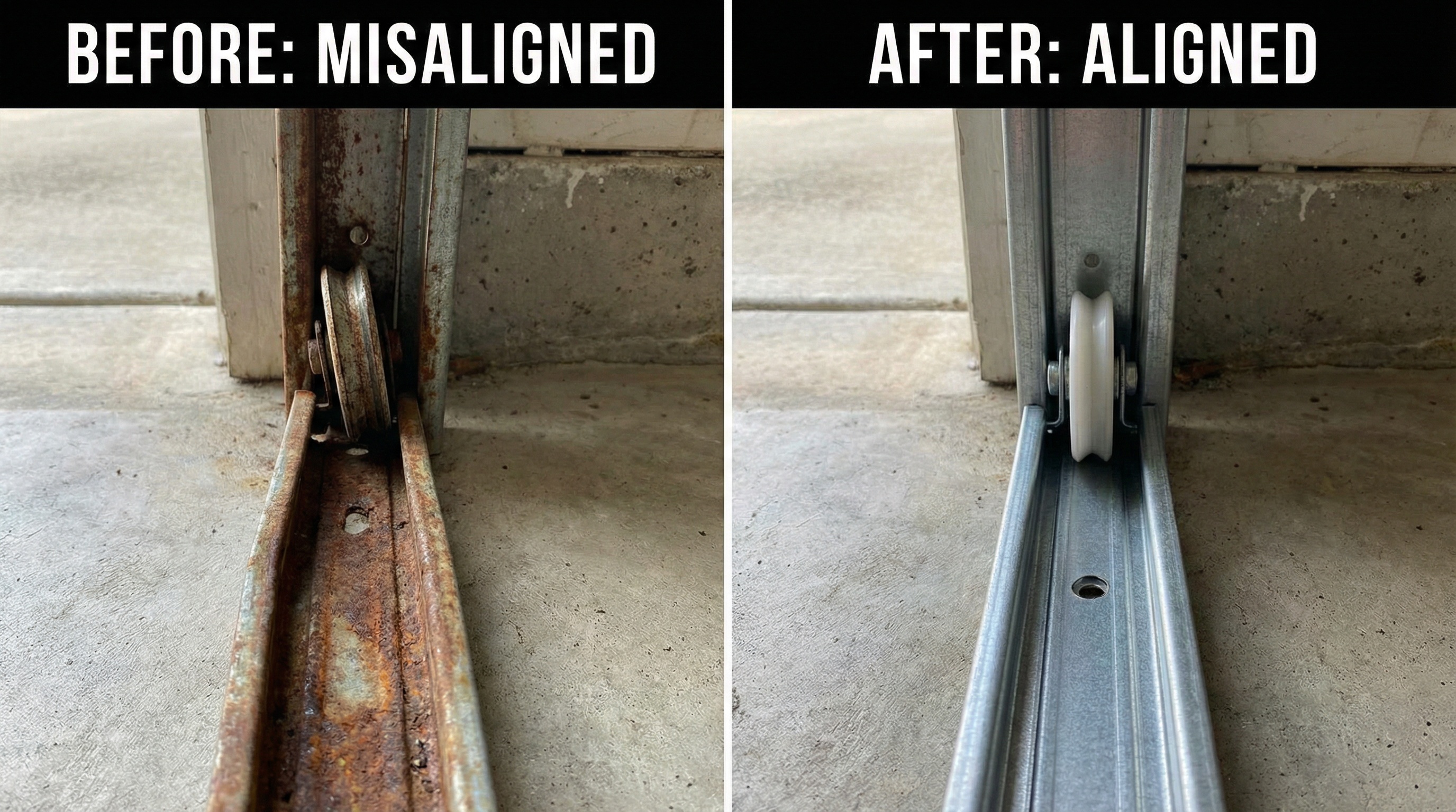 Before and after comparison showing misaligned versus properly aligned garage door tracks
