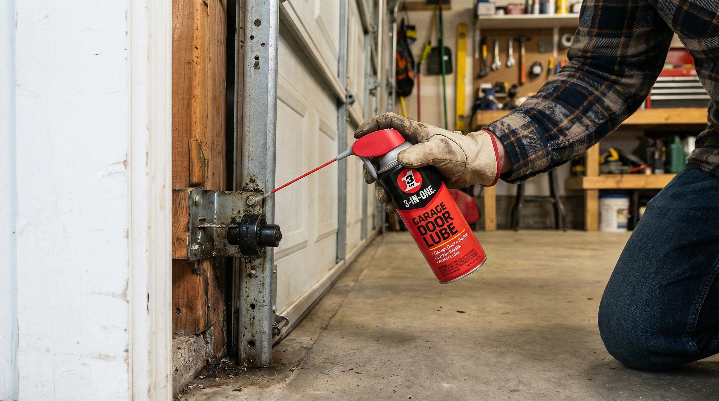 Homeowner lubricating garage door hinges with spray lubricant