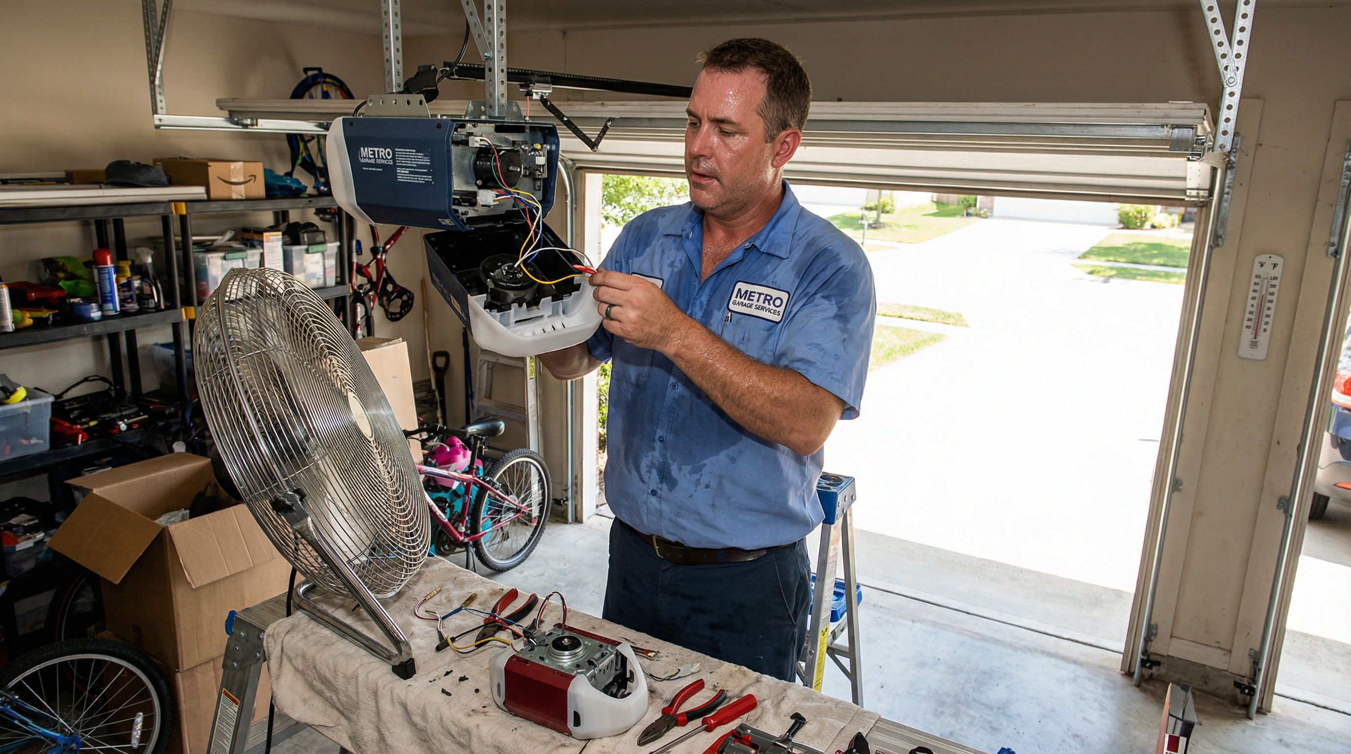 Garage door technician working on opener motor in Wisconsin cold