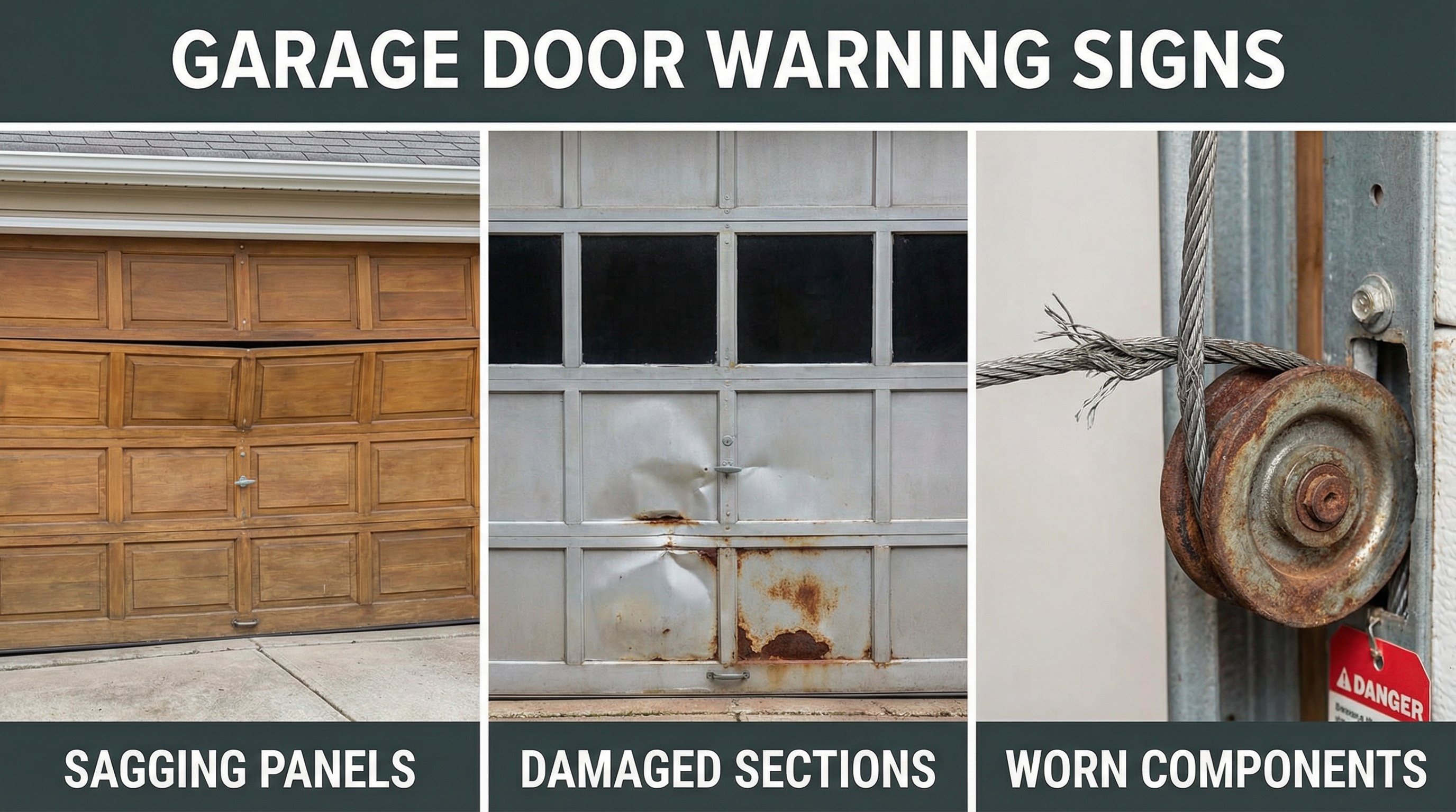 Garage door warning signs comparison showing various damage types