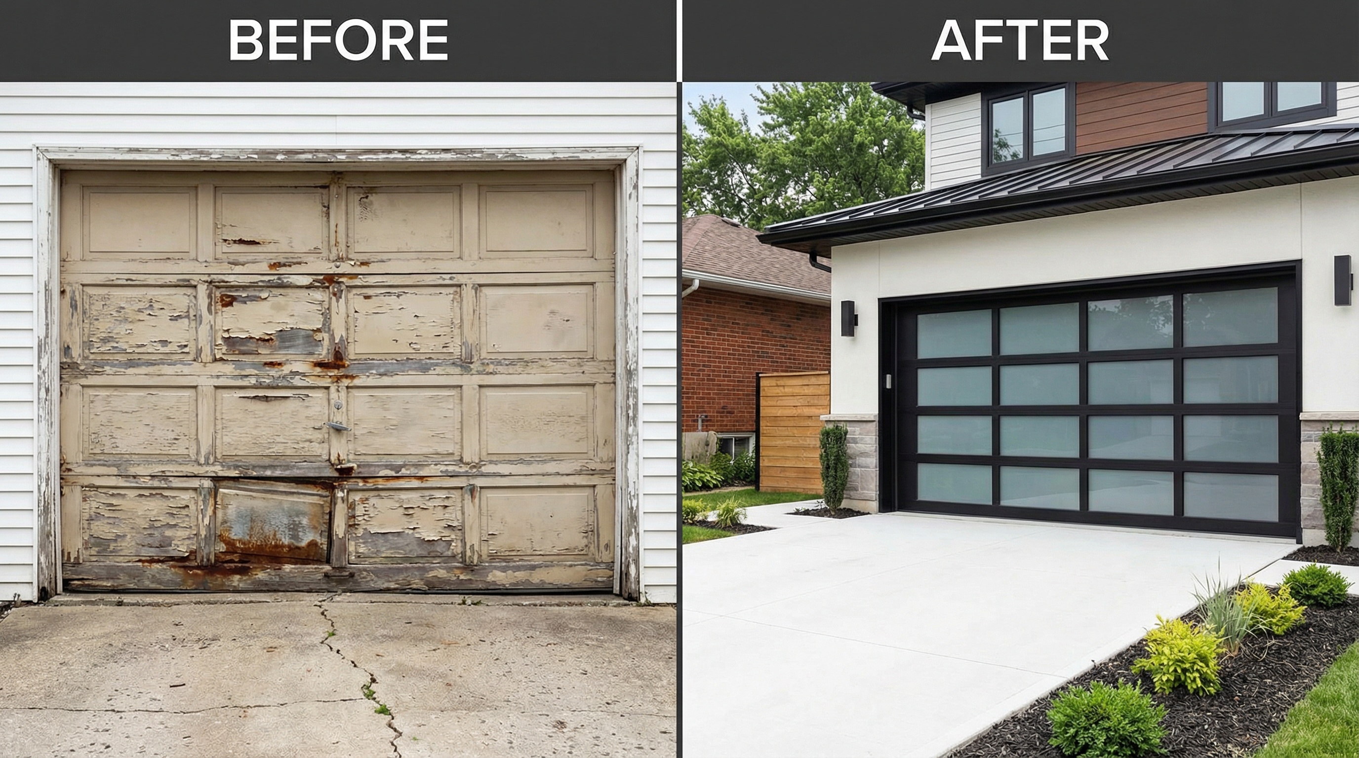 Comparison of old damaged garage door versus new replacement door