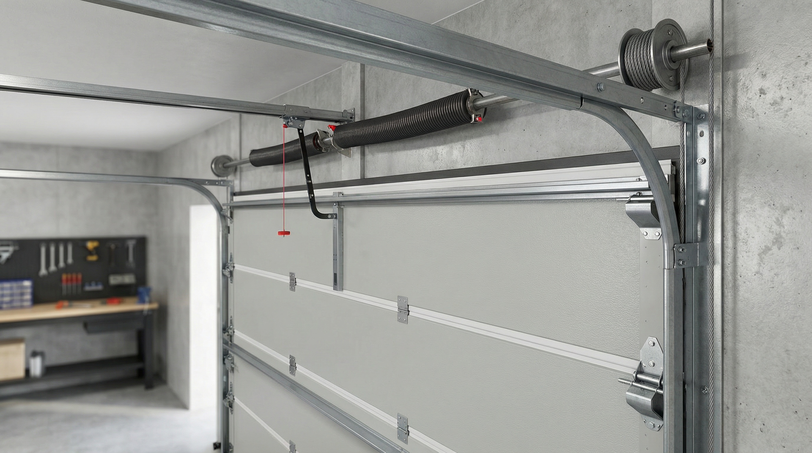 Garage door components diagram showing labeled springs, cables, and rollers