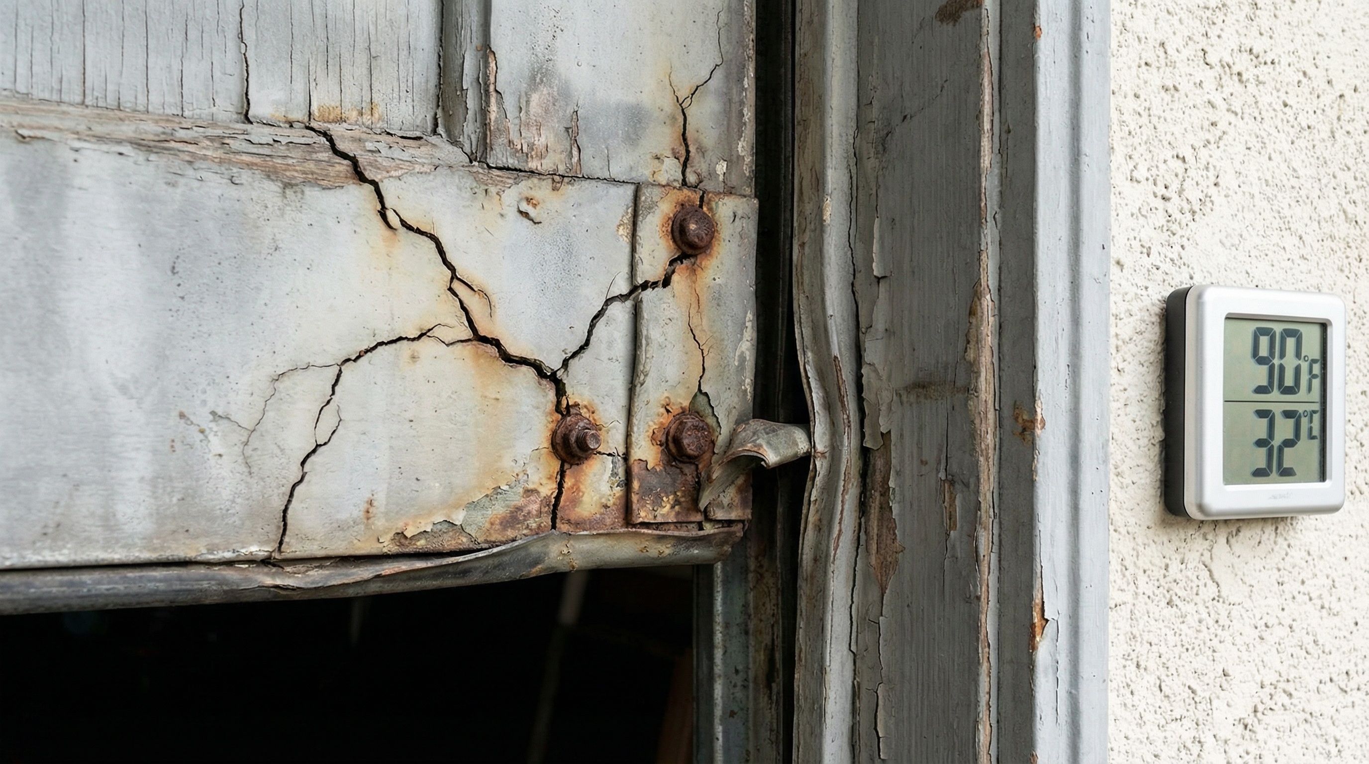 damaged garage door frame showing temperature-related stress cracks and metal fatigue