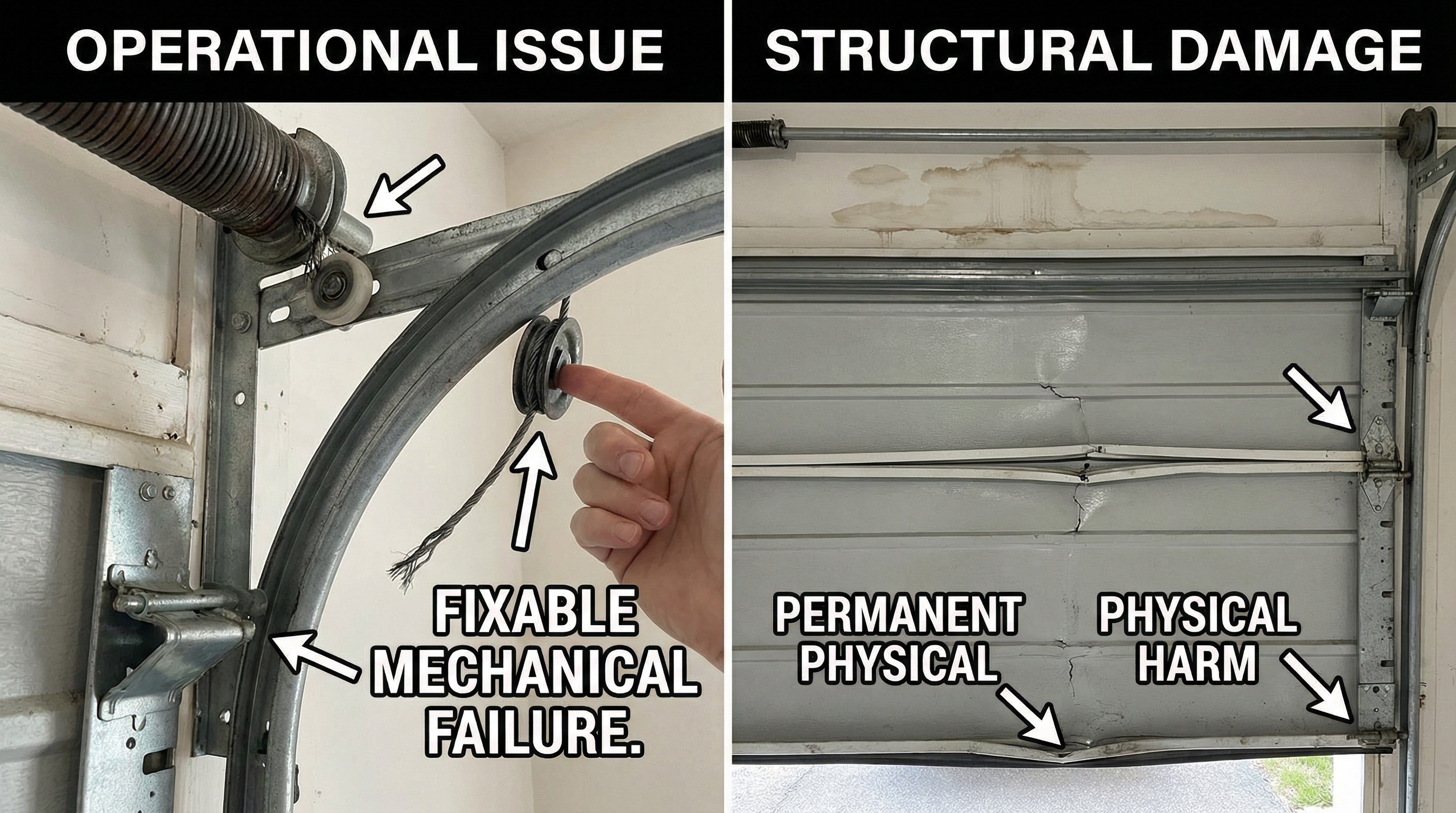 comparison showing operational issue versus structural damage in garage door components