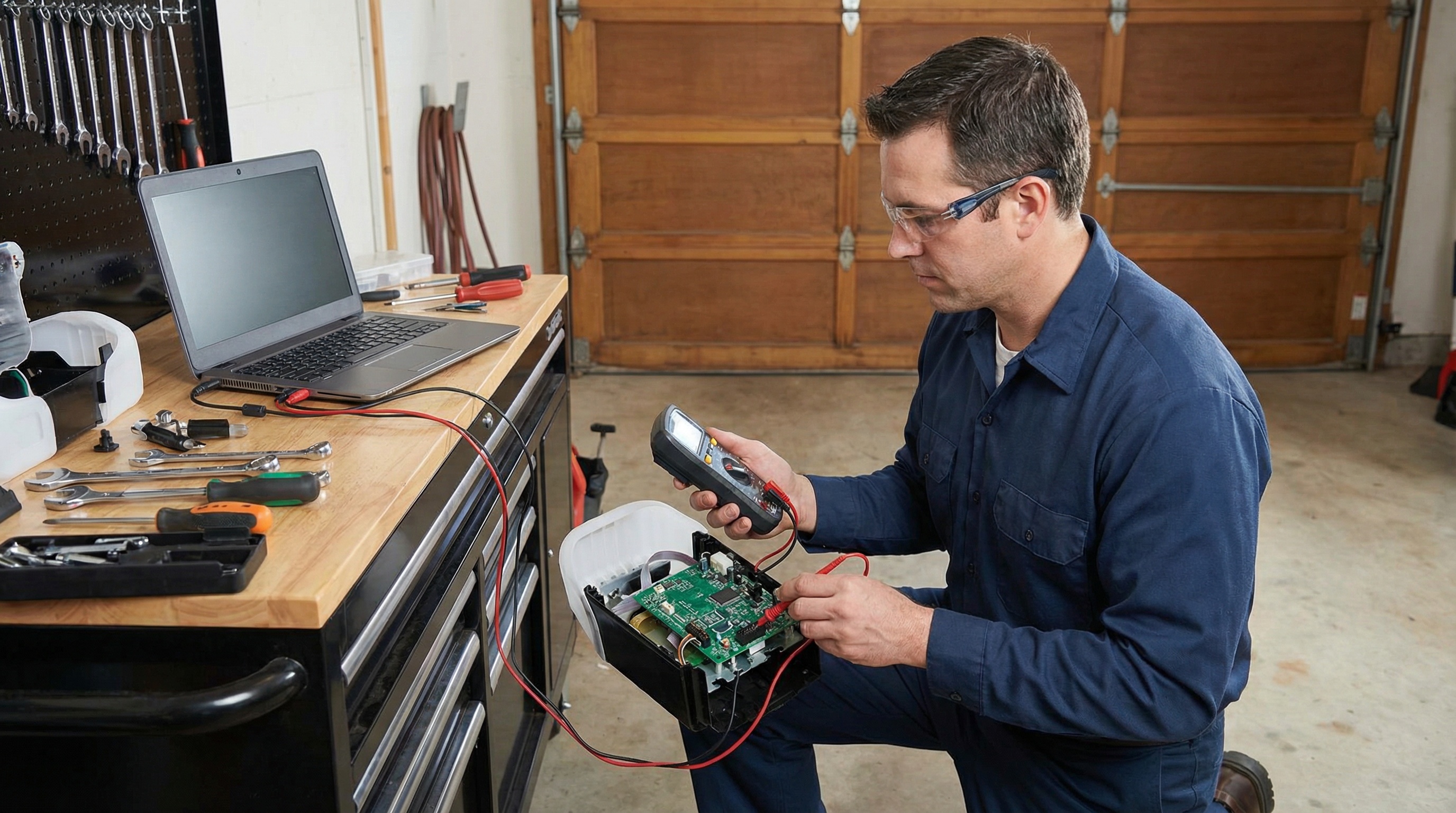 Garage door technician testing circuit board