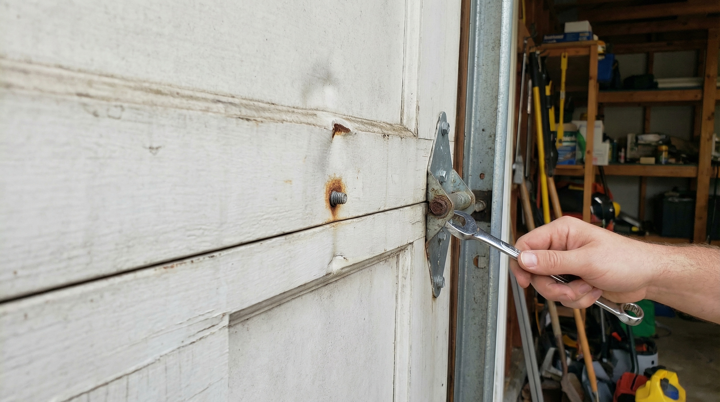 Visual inspection of garage door panels, rollers, and hardware