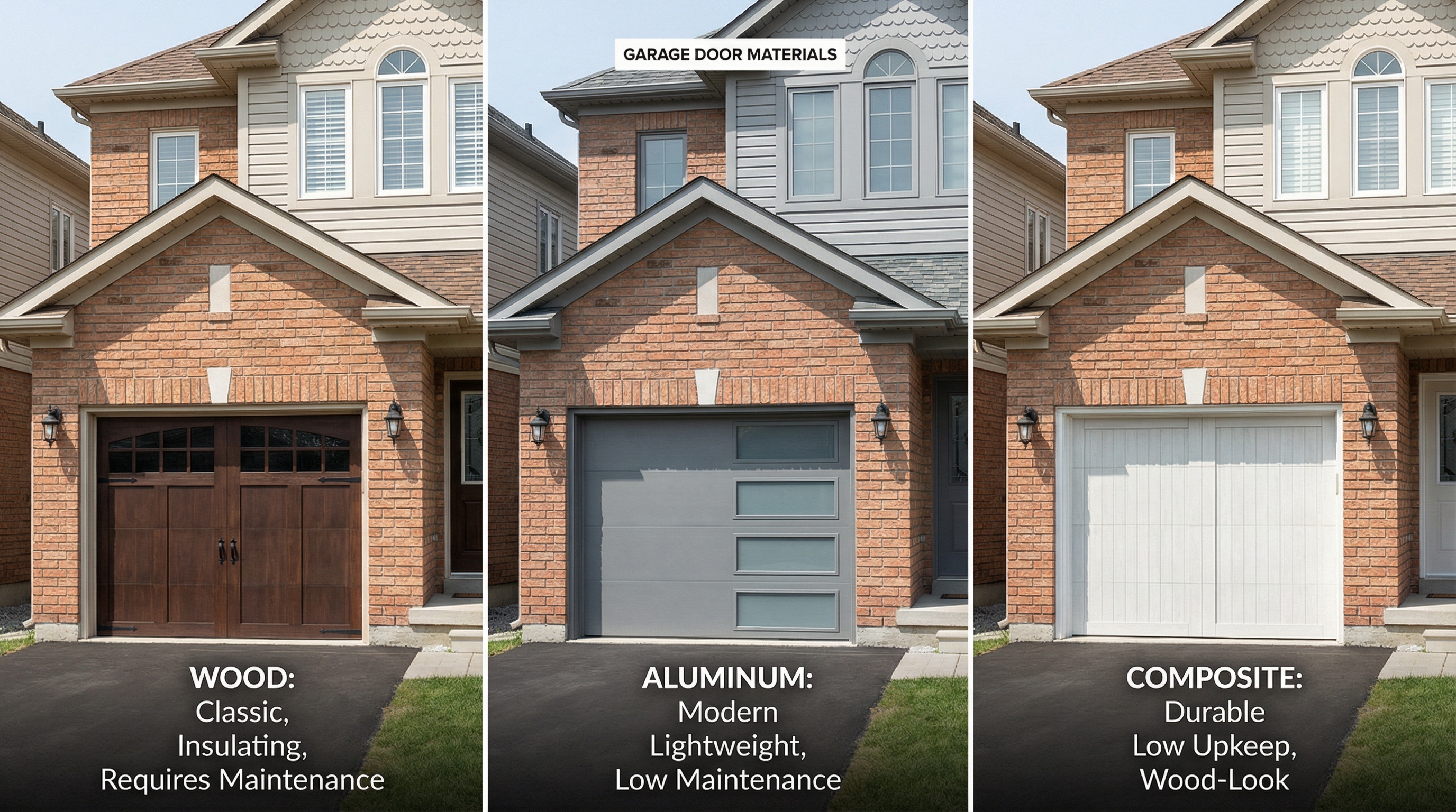 Side-by-side comparison of wood, aluminum, and composite garage doors on similar home styles