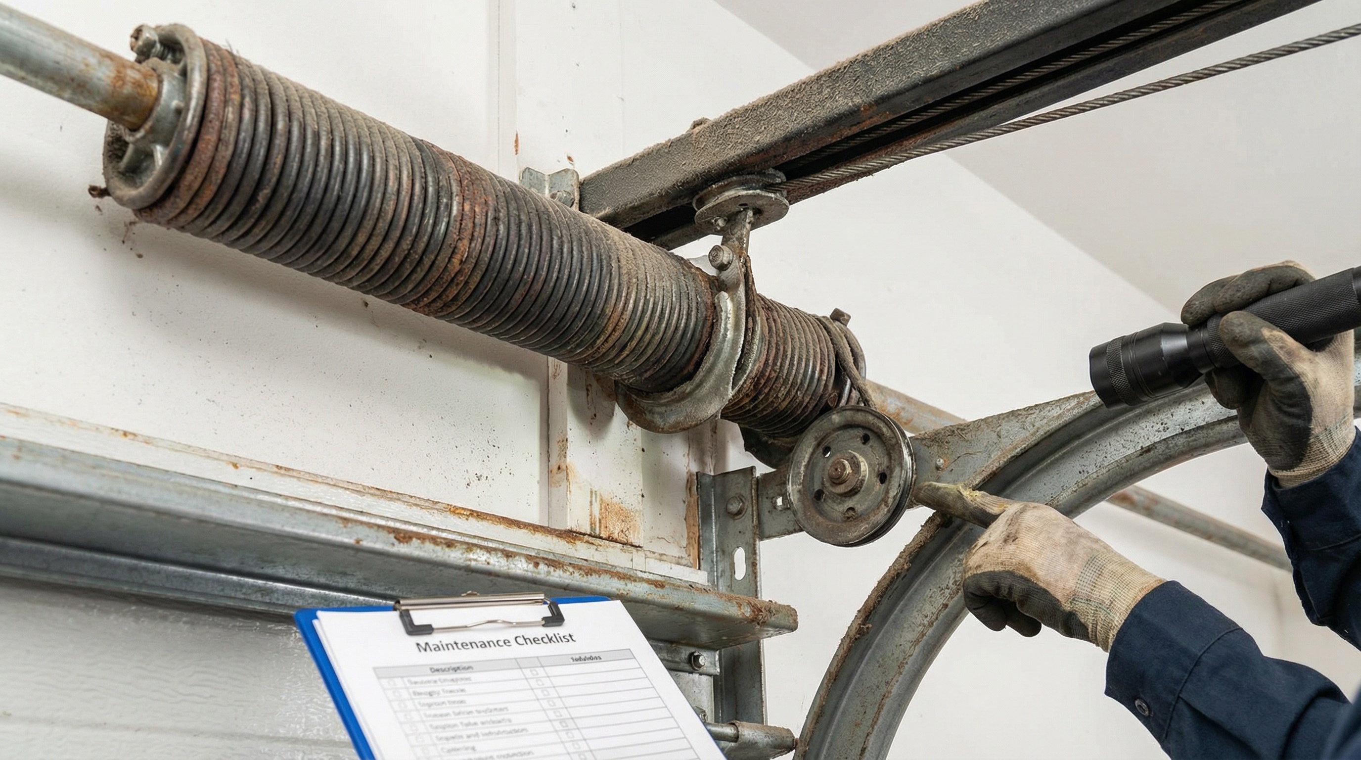 Before and after comparison showing garage door components during maintenance inspection