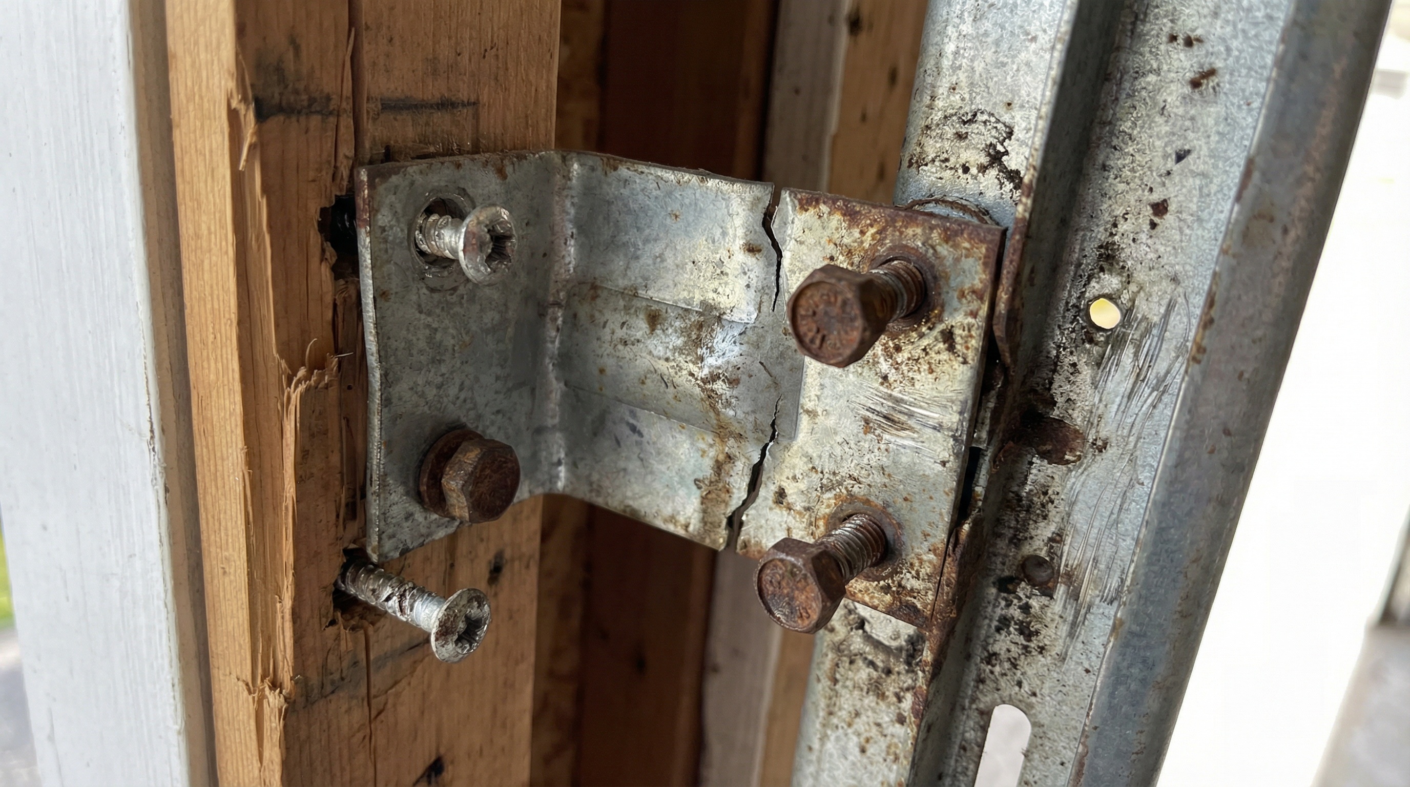 Close-up of damaged garage door track hardware