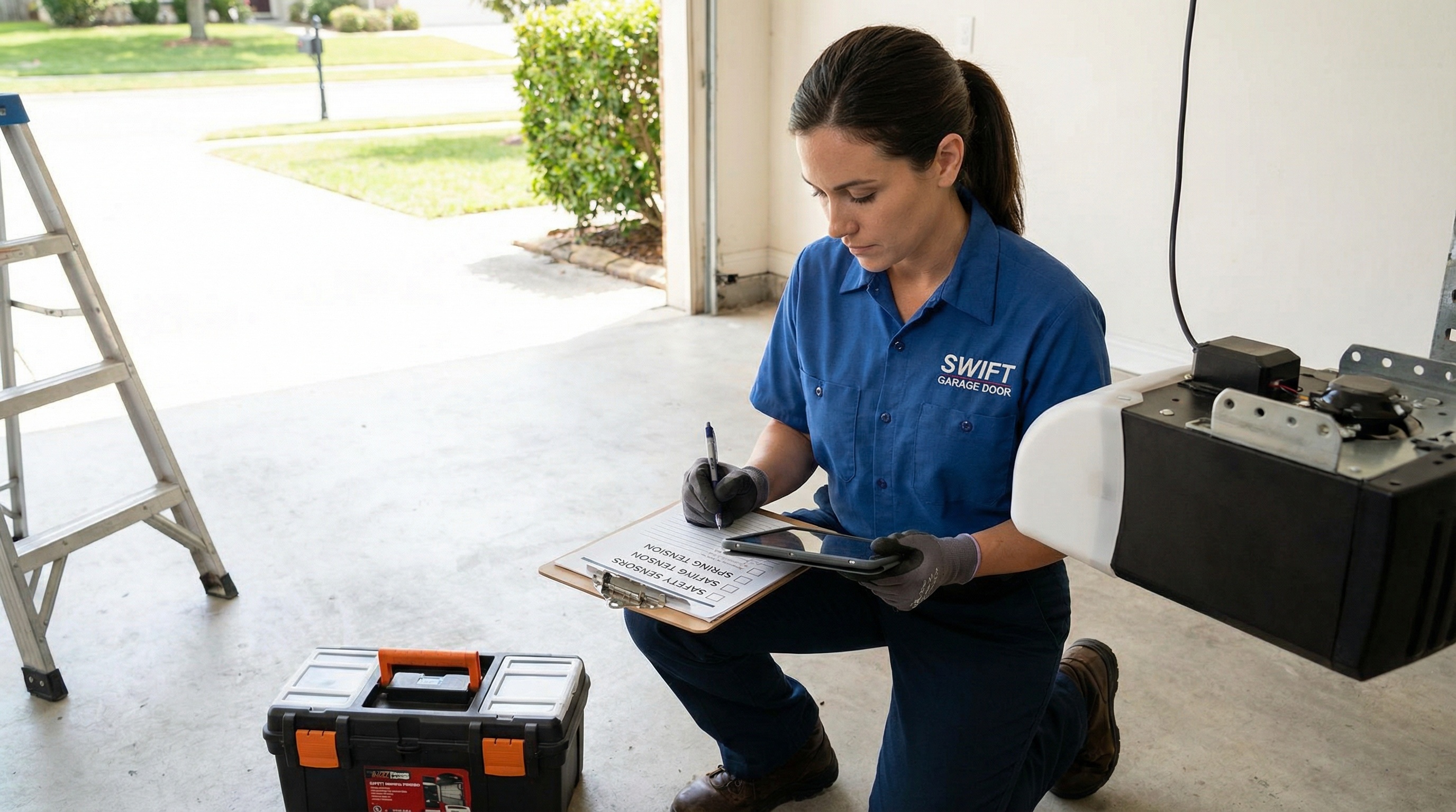 garage door service technician performing maintenance checklist