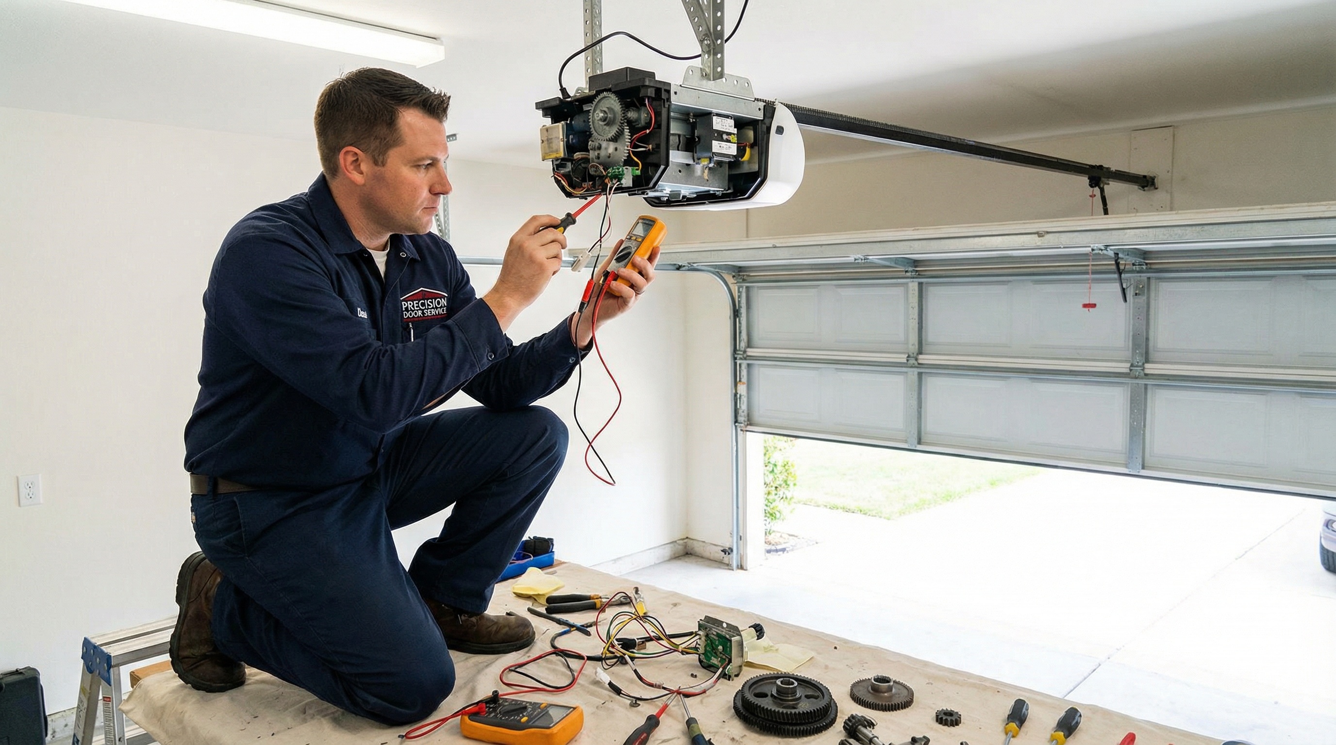Professional technician servicing garage door opener