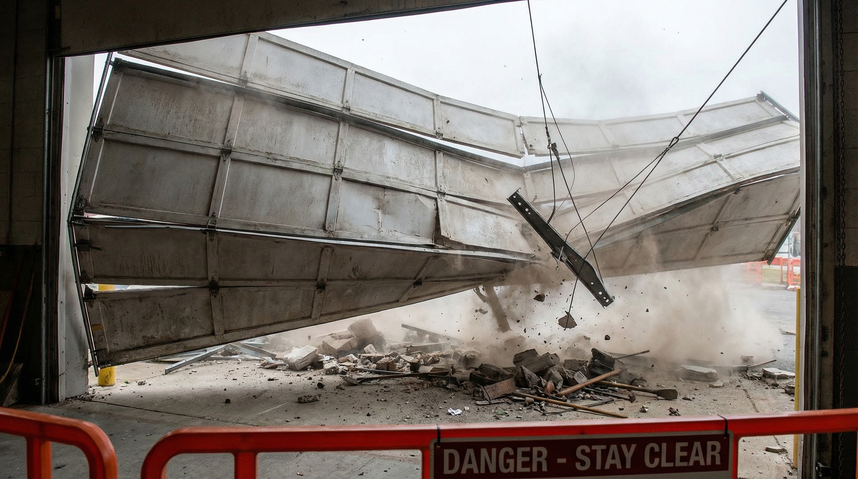 Garage door collapsing showing danger and safety hazard