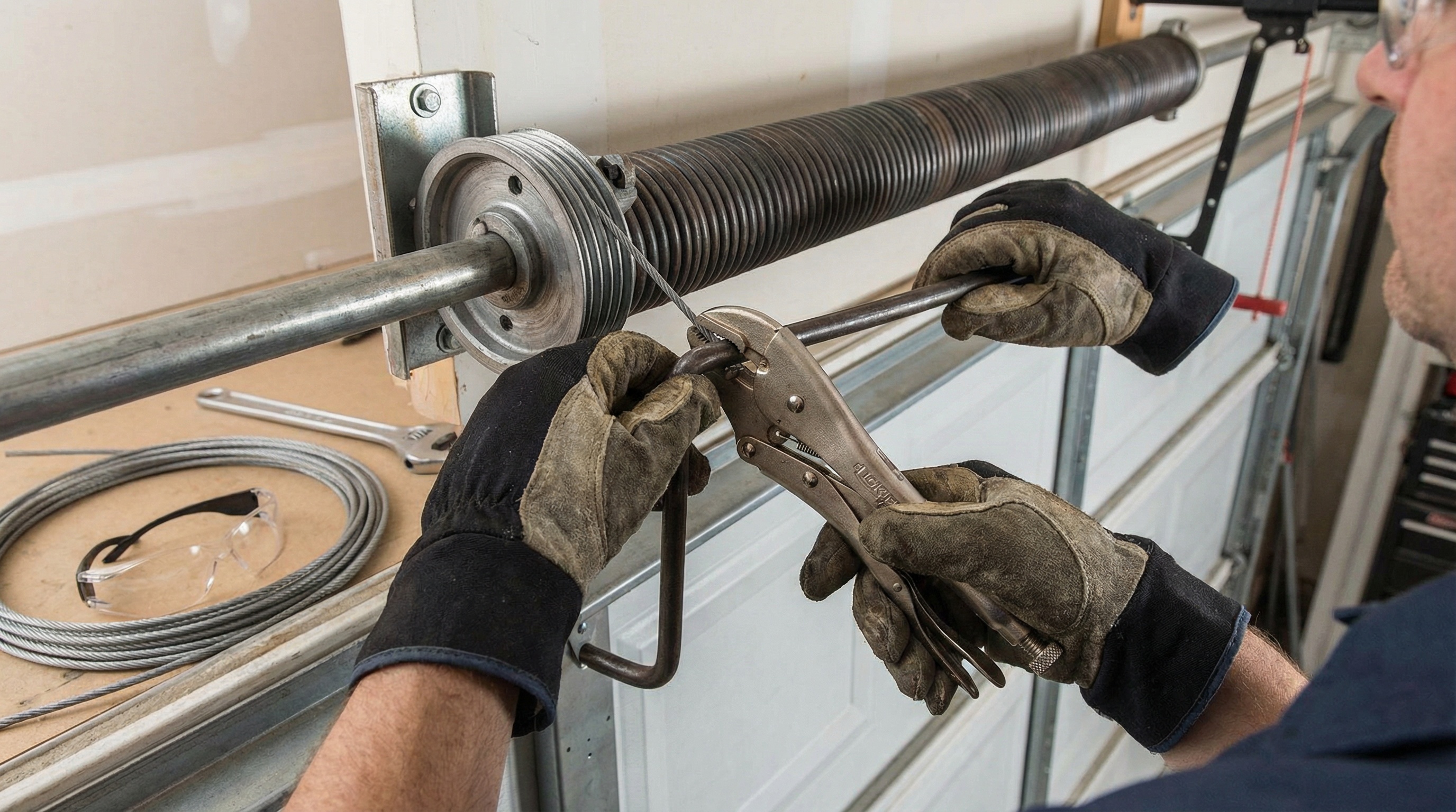 Professional garage door cable installation process showing proper technique