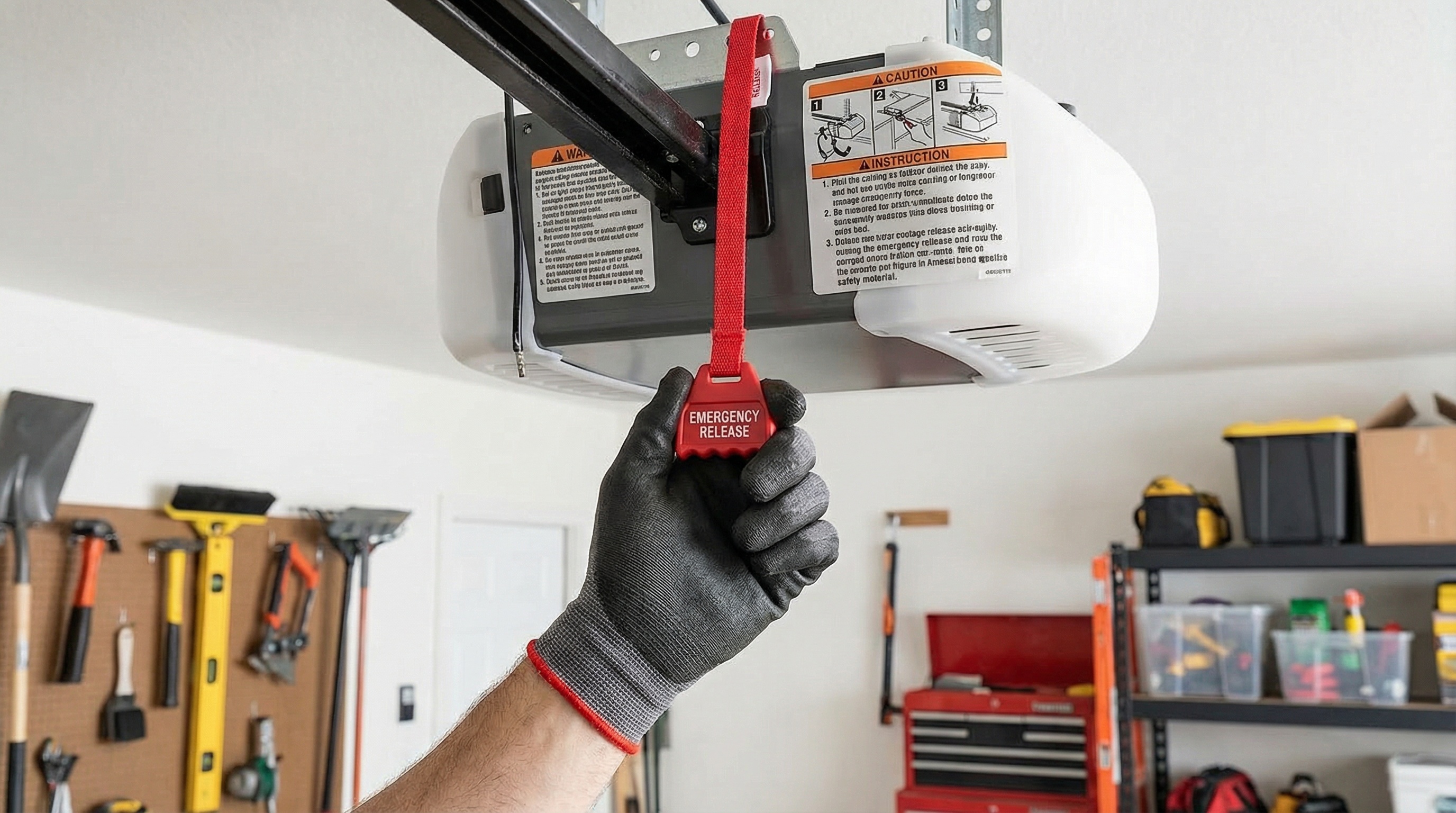 Garage door emergency release cord being pulled for safety demonstration