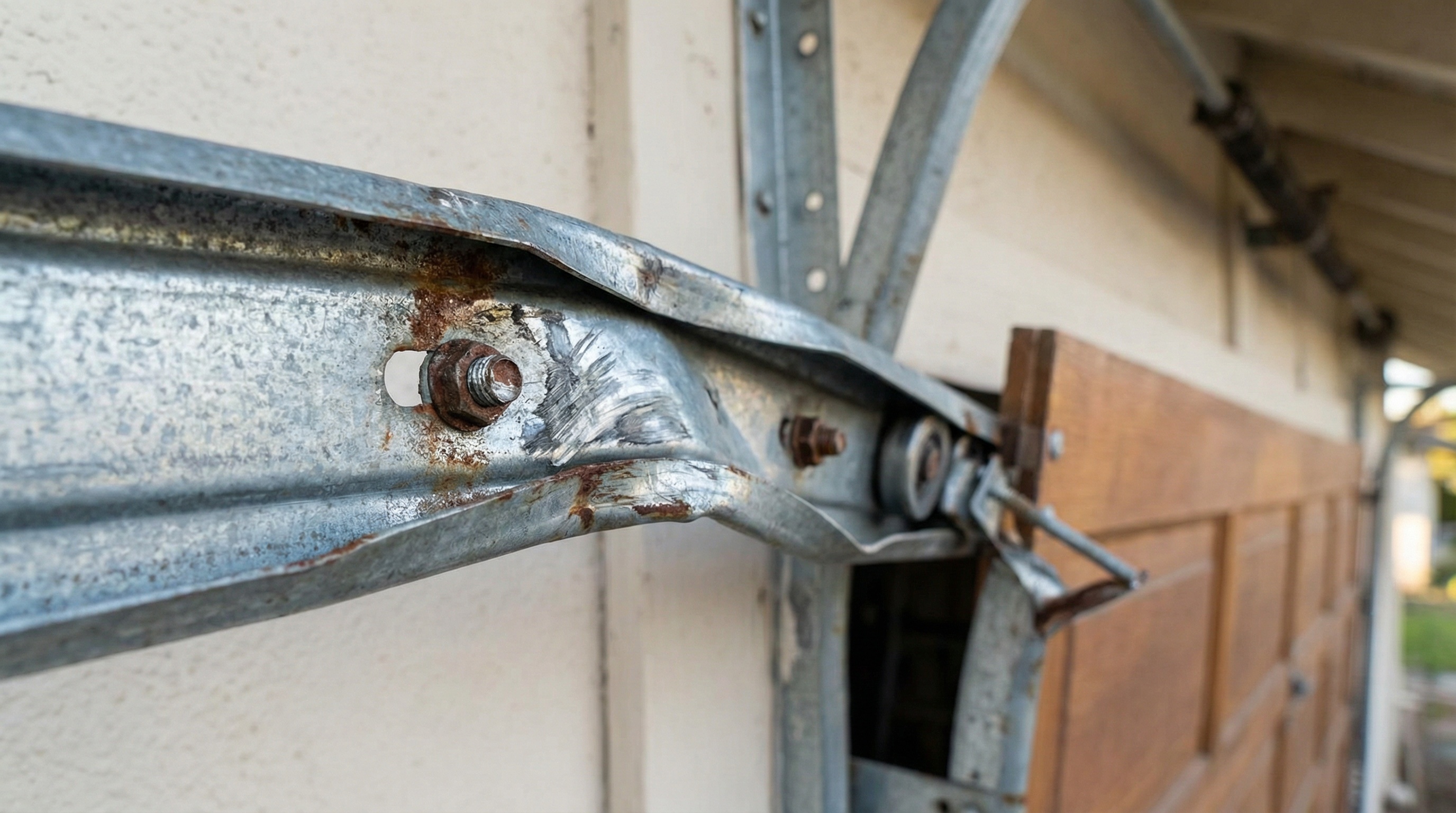 Close-up of bent and damaged garage door track