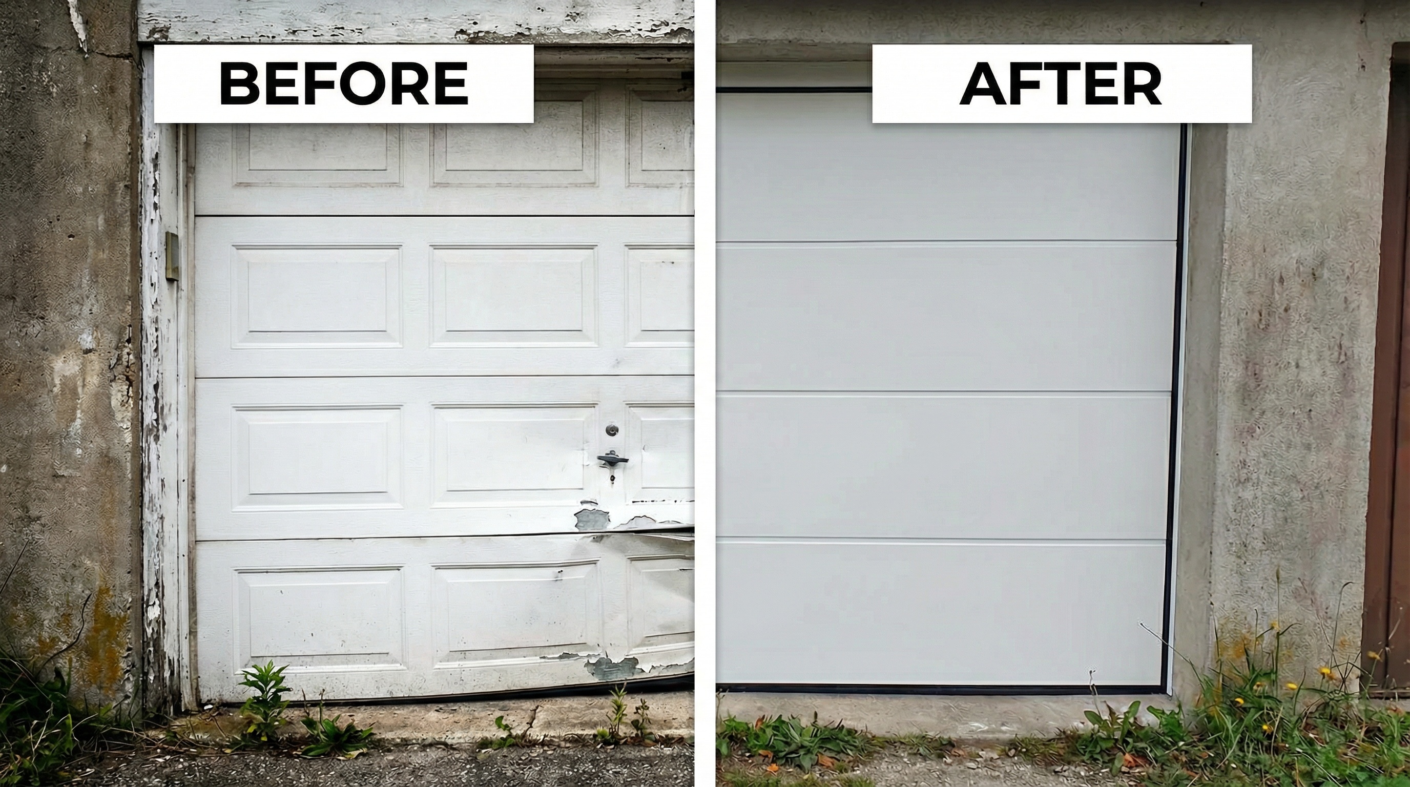Before and after comparison of garage door repair work