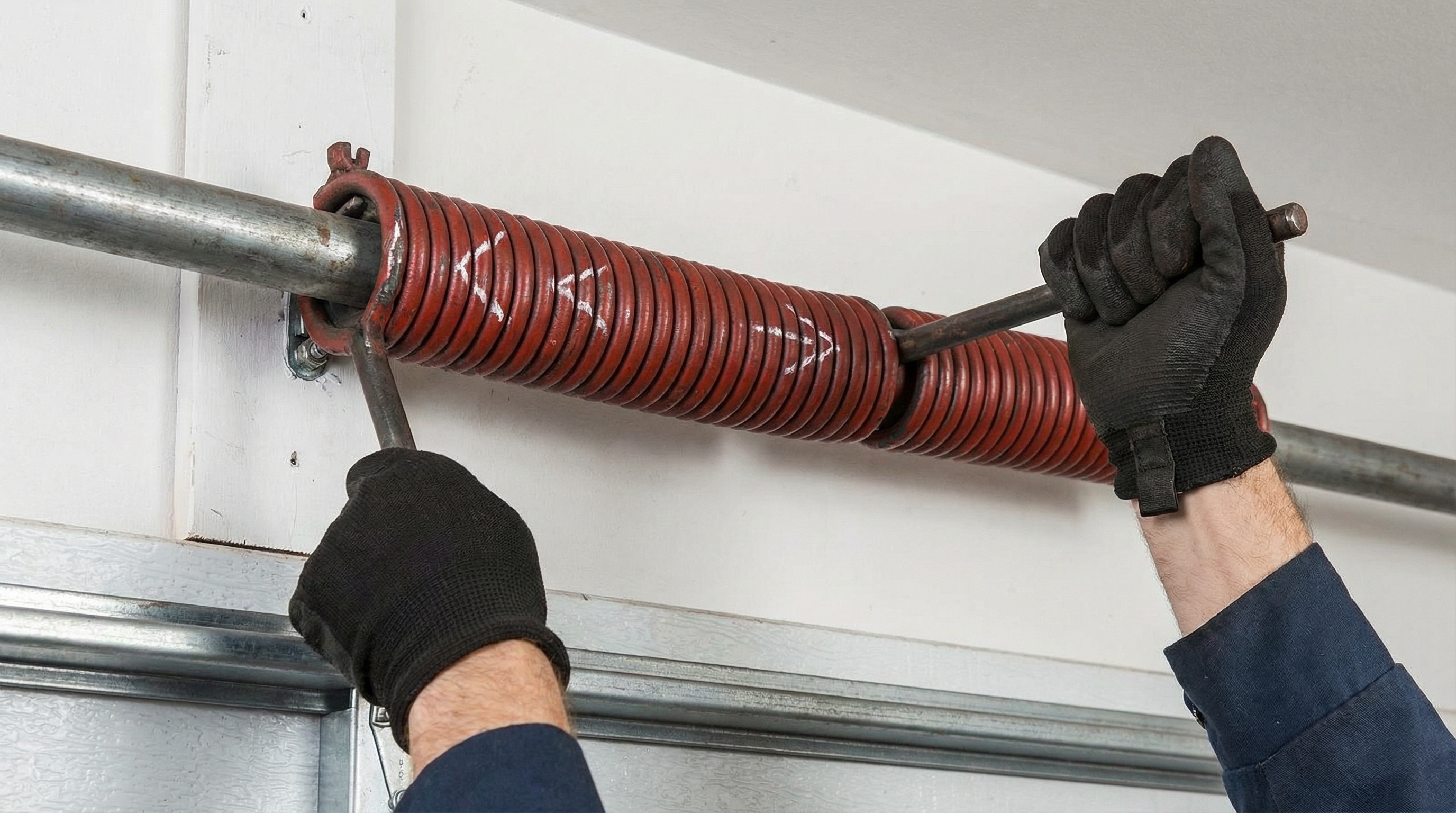 Close-up of torsion spring installation showing proper winding technique