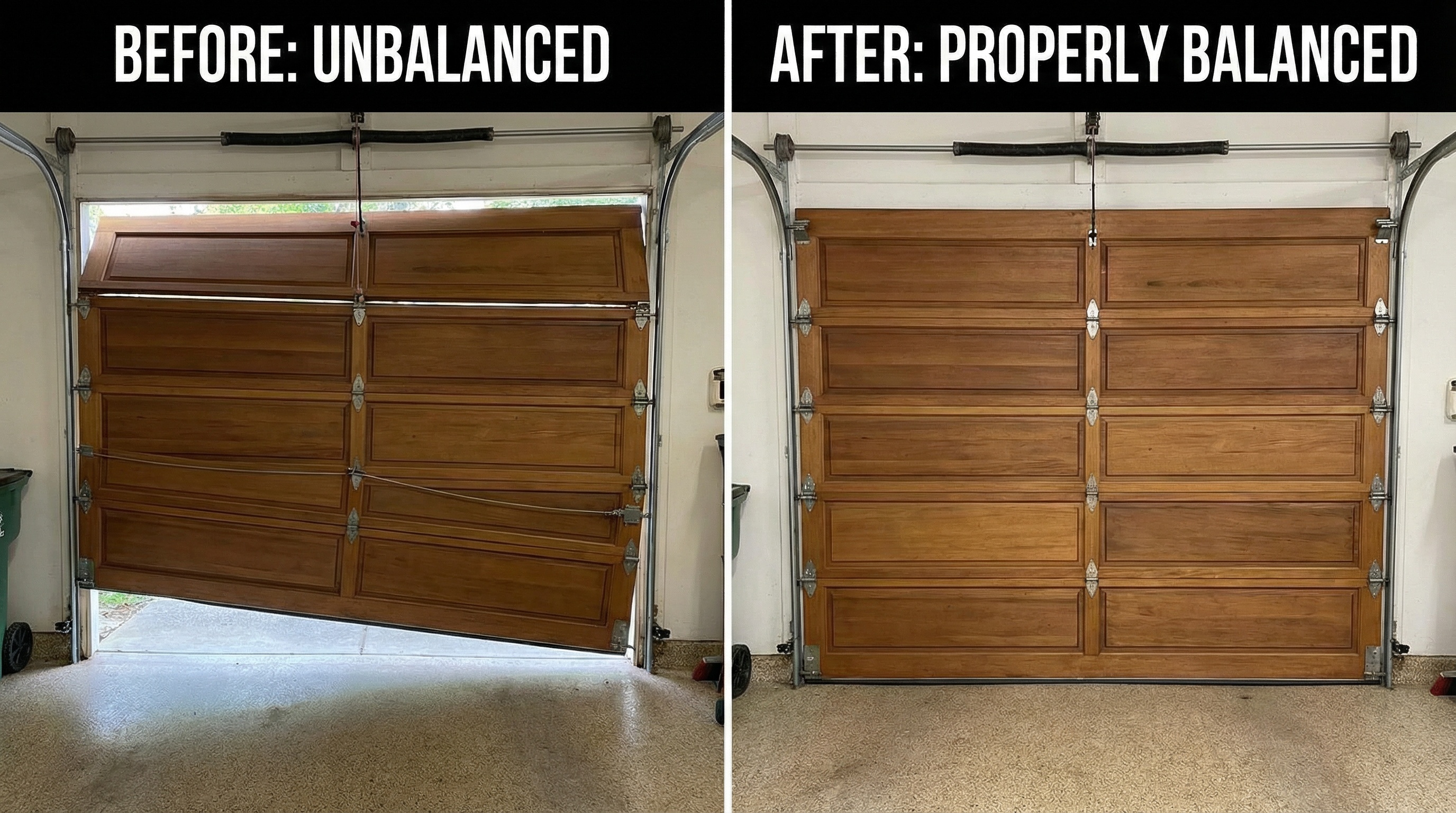 Before and after comparison showing properly balanced vs. unbalanced garage door