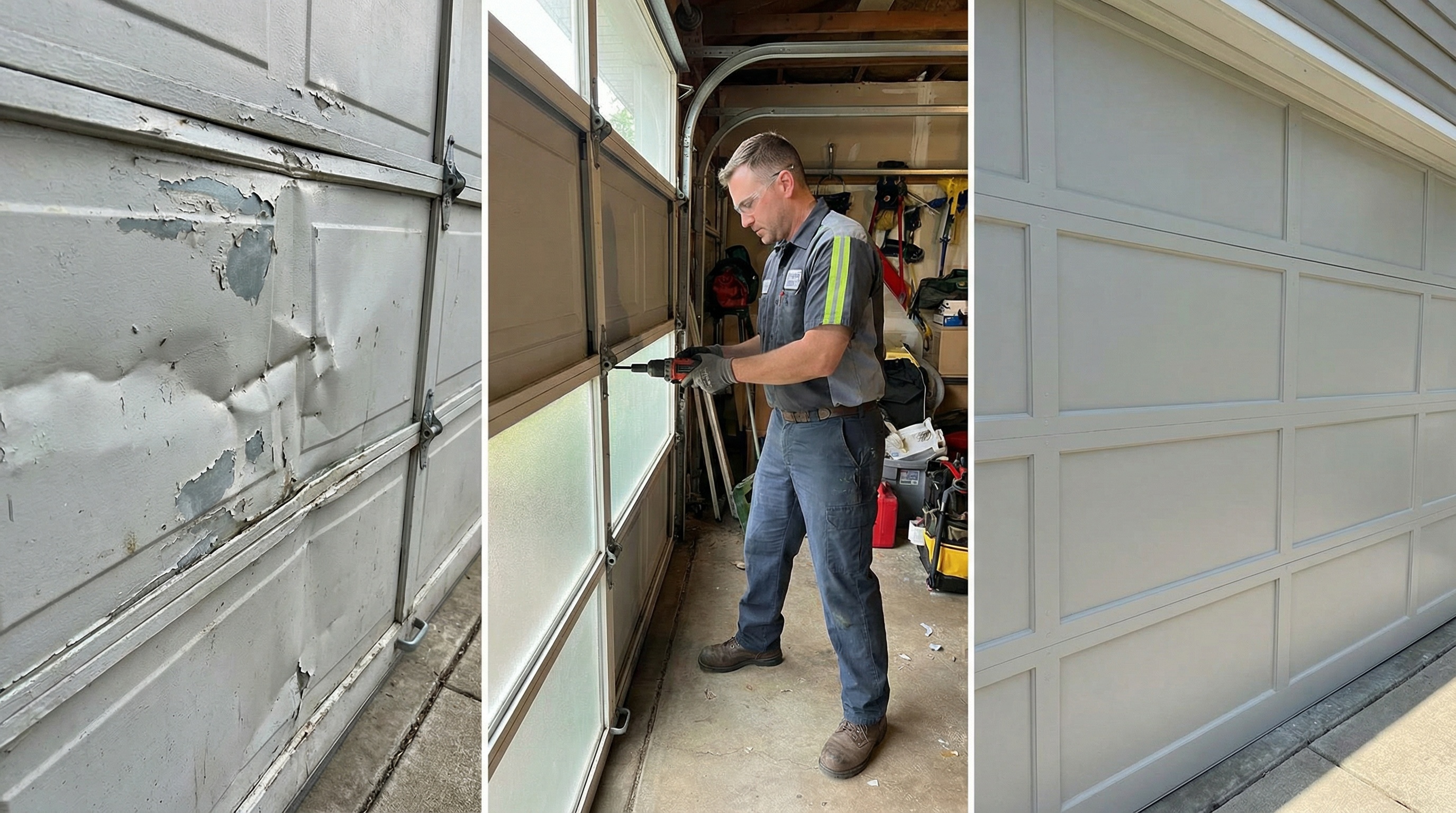 Garage door panel repair process before and after
