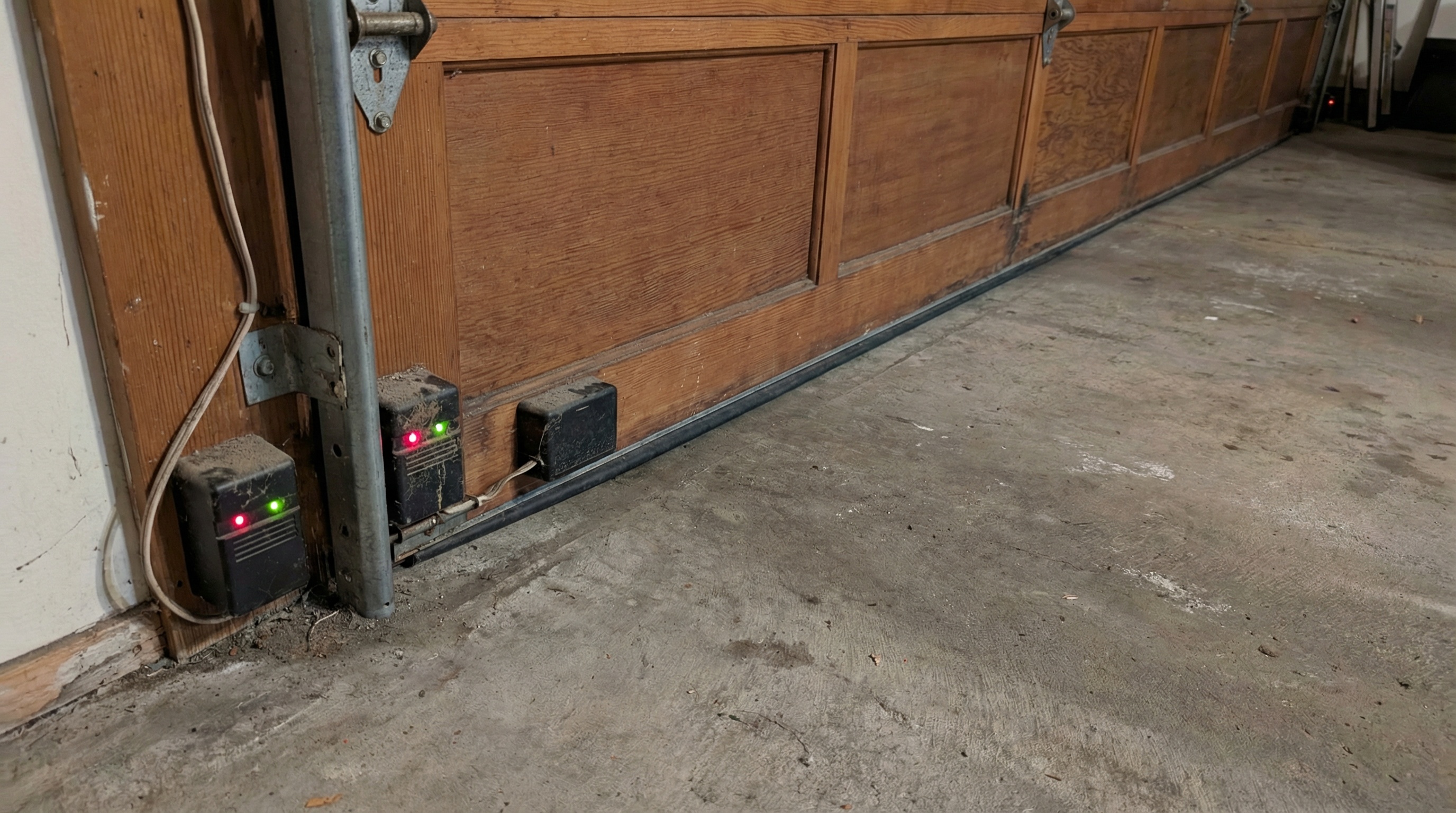 Garage door safety sensors installed at ground level on both sides of the door opening