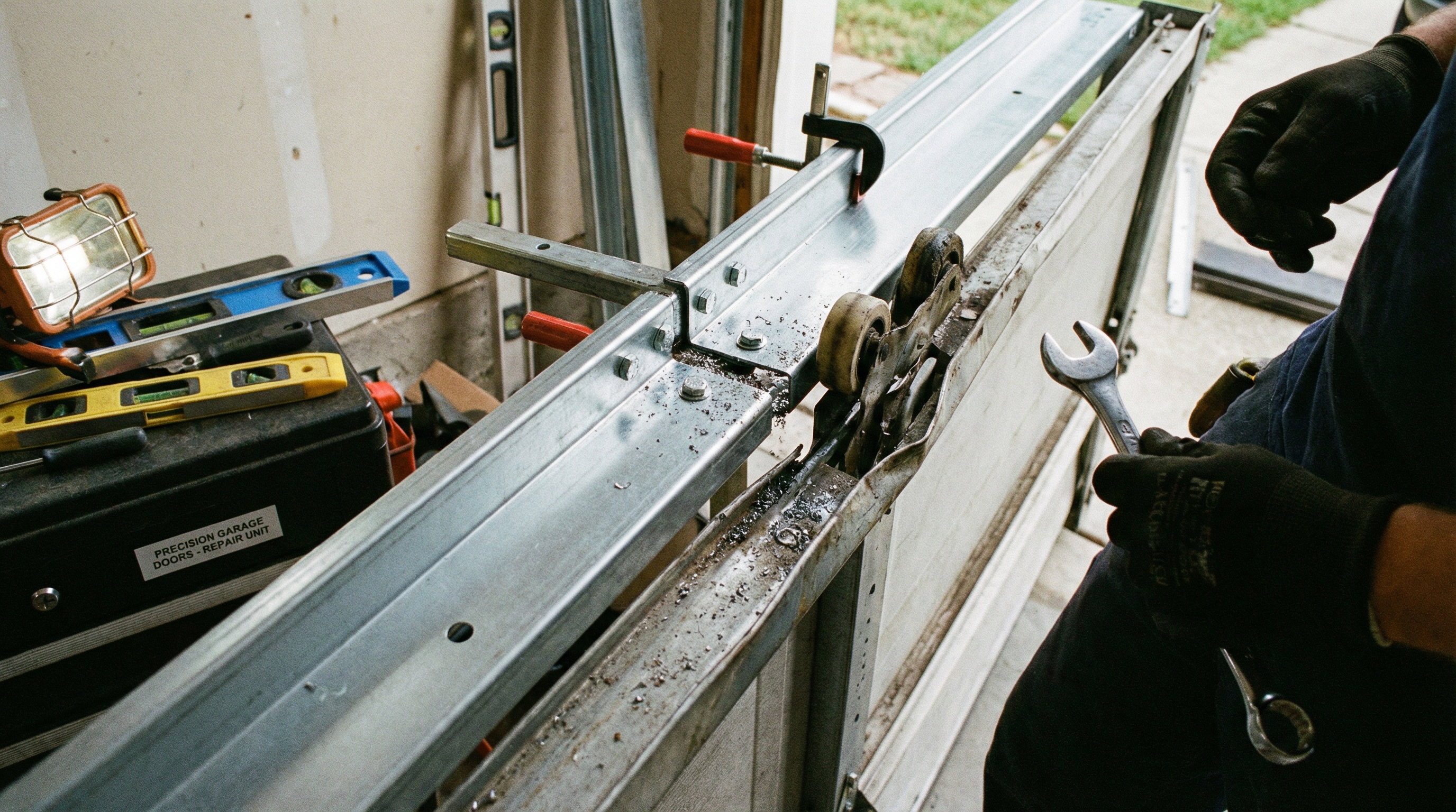 Garage door track misalignment repair