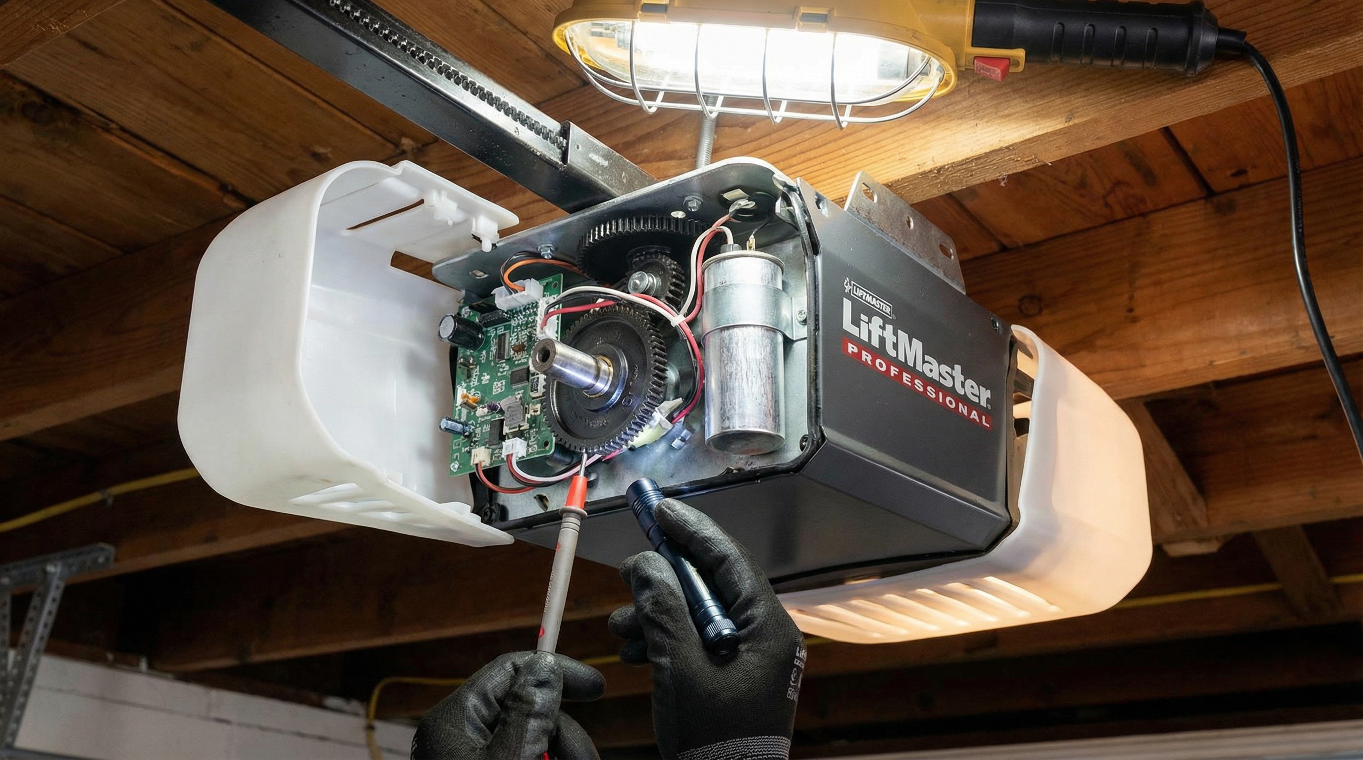Garage door opener motor unit mounted on ceiling for inspection