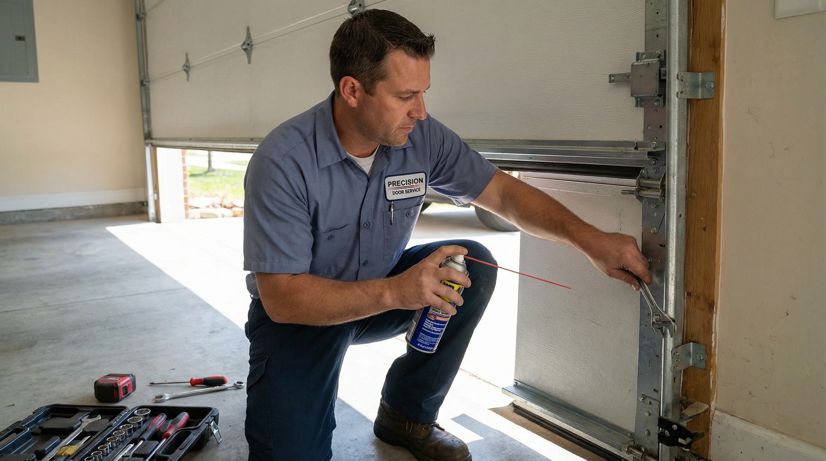 garage door technician lubricating rollers and adjusting track alignment
