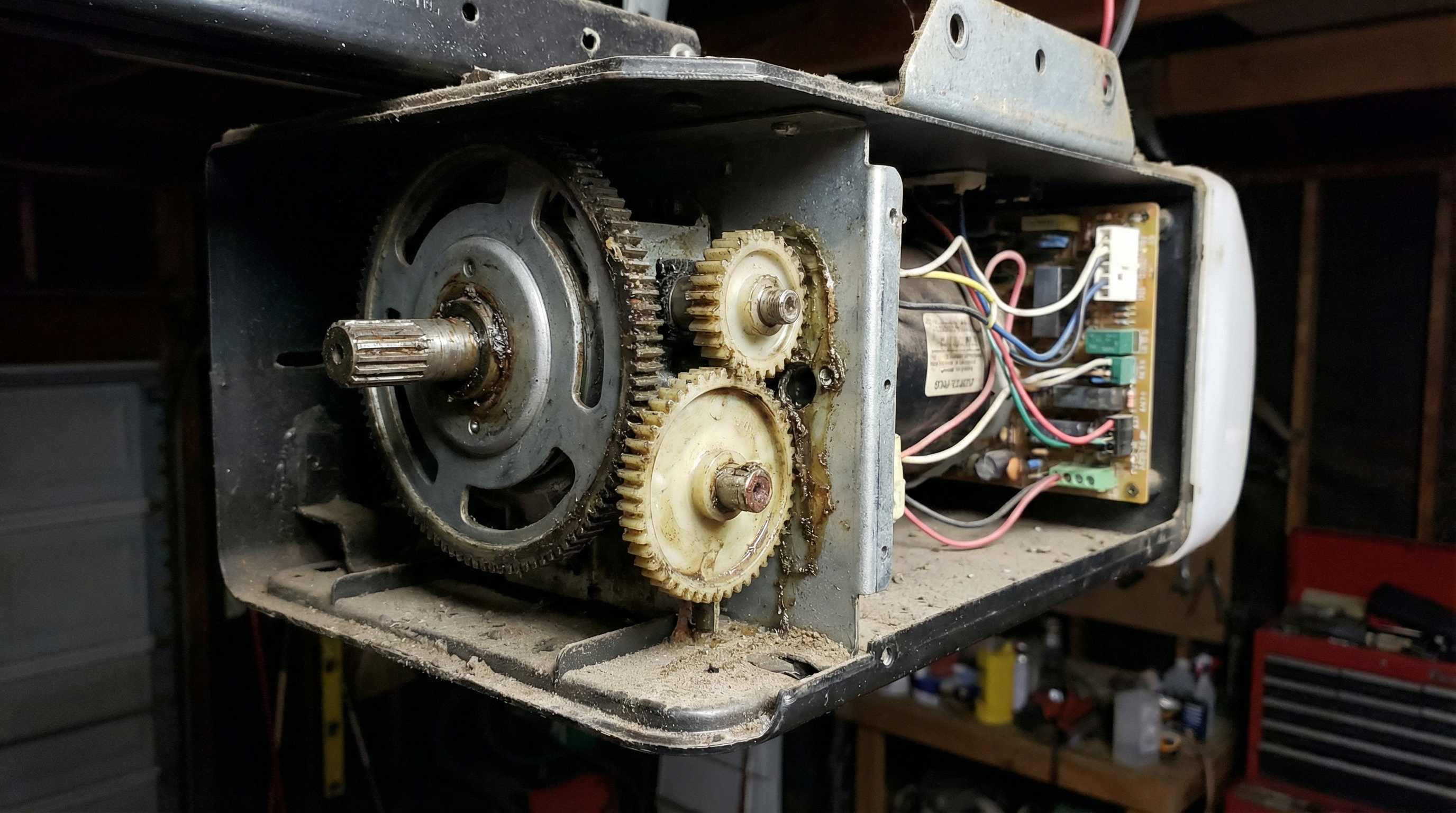 Garage door opener motor with visible worn gears being inspected
