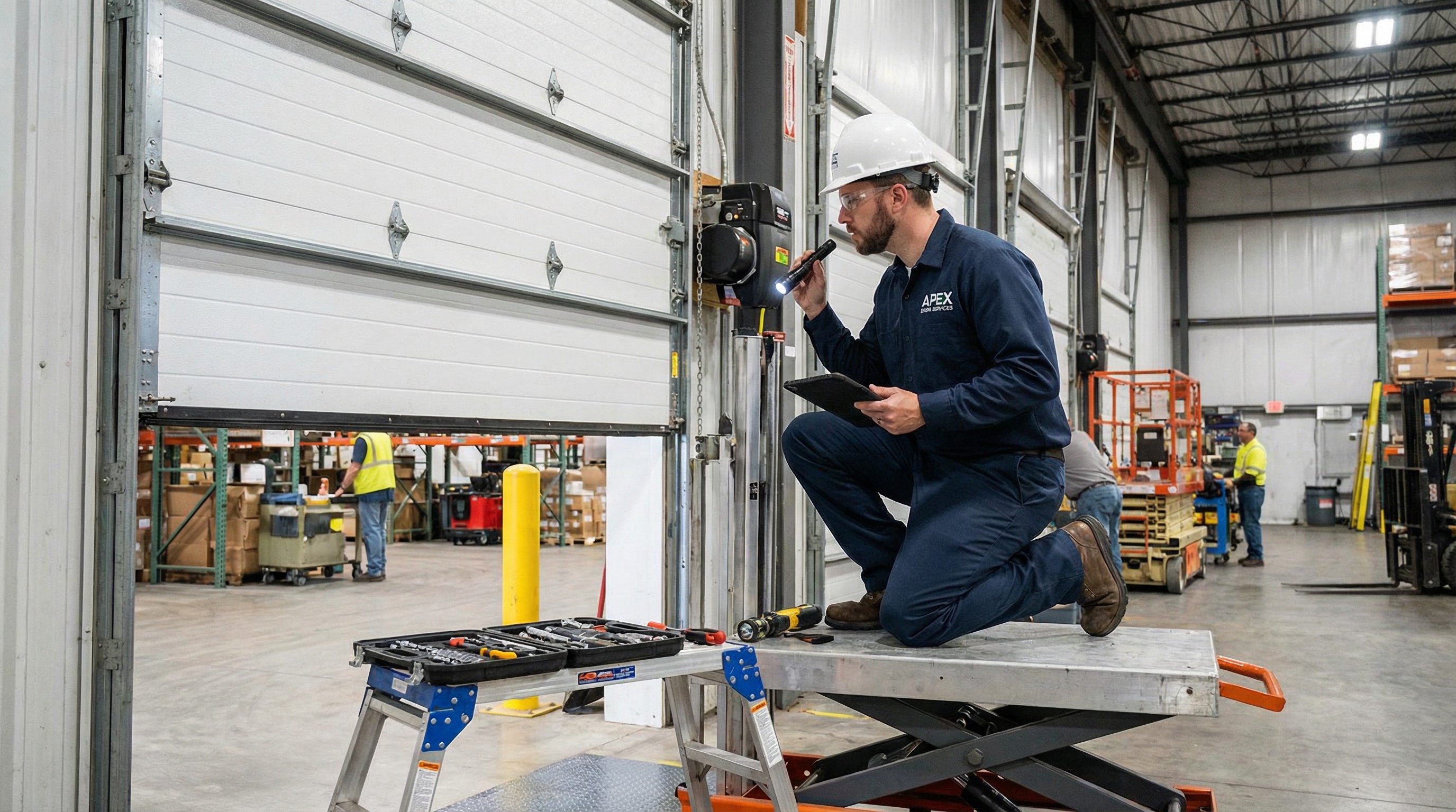 Professional technician performing maintenance inspection on a commercial garage door system