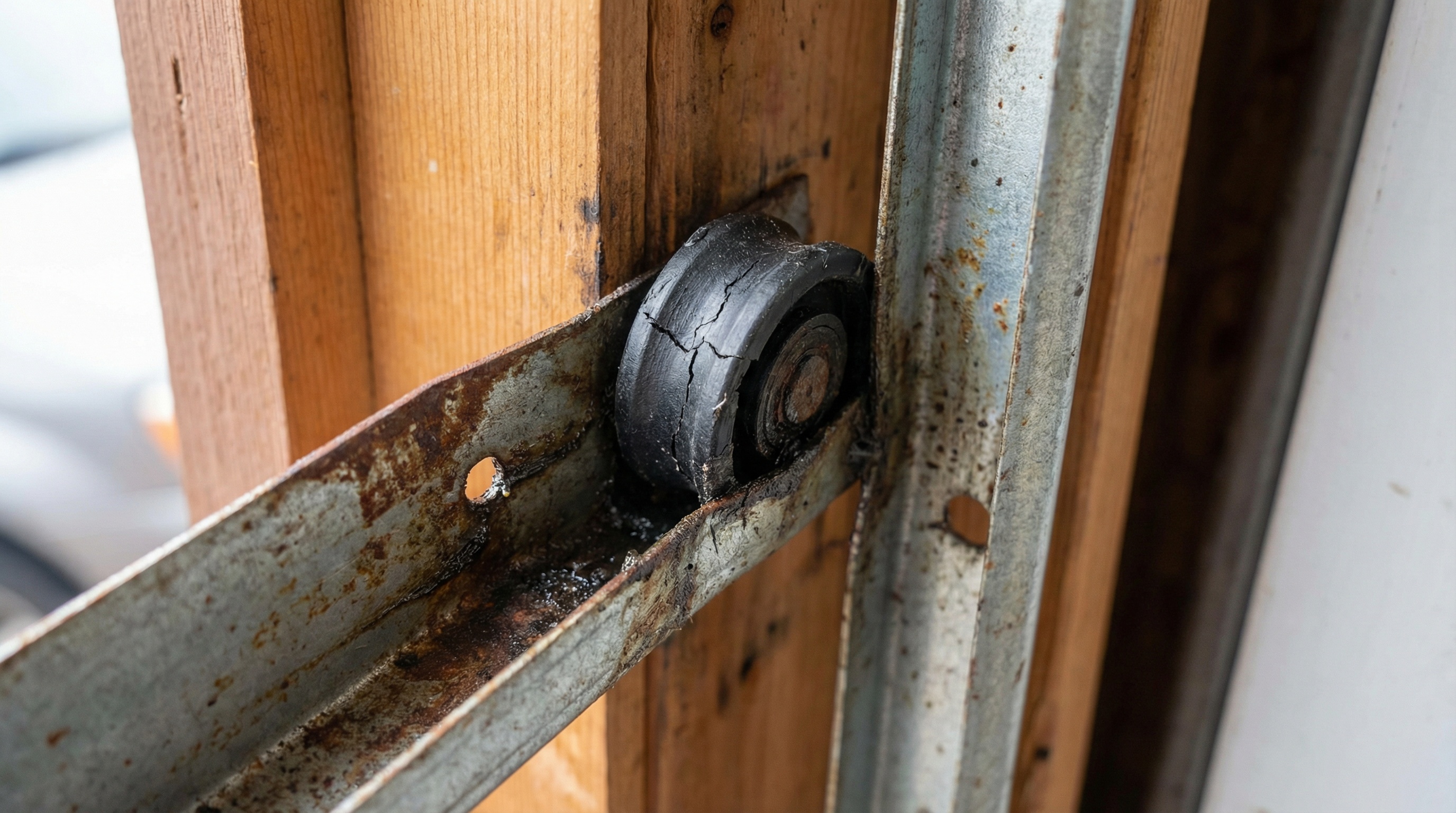 close-up of misaligned garage door track with worn roller