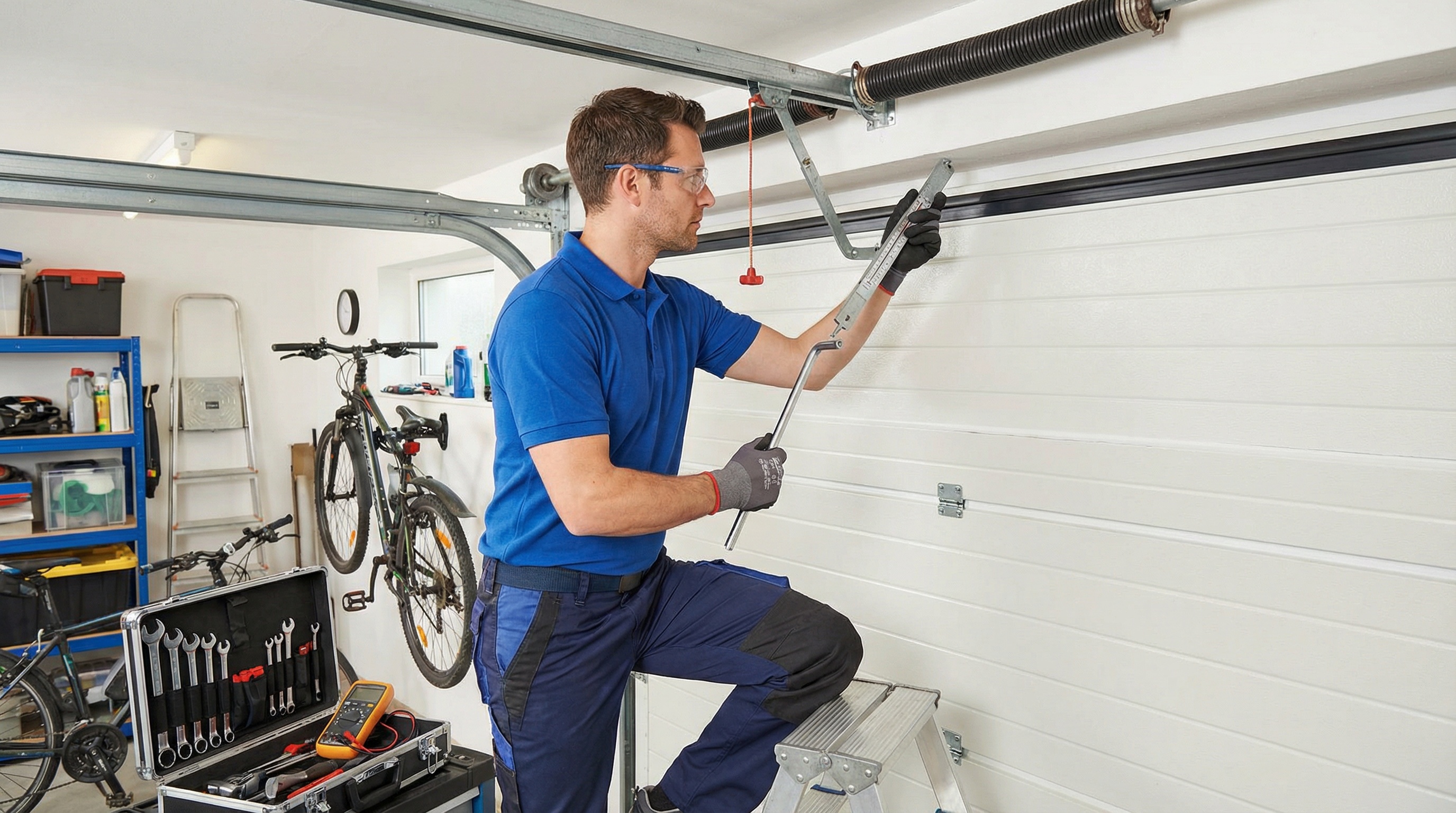 professional technician inspecting garage door springs with specialized tools