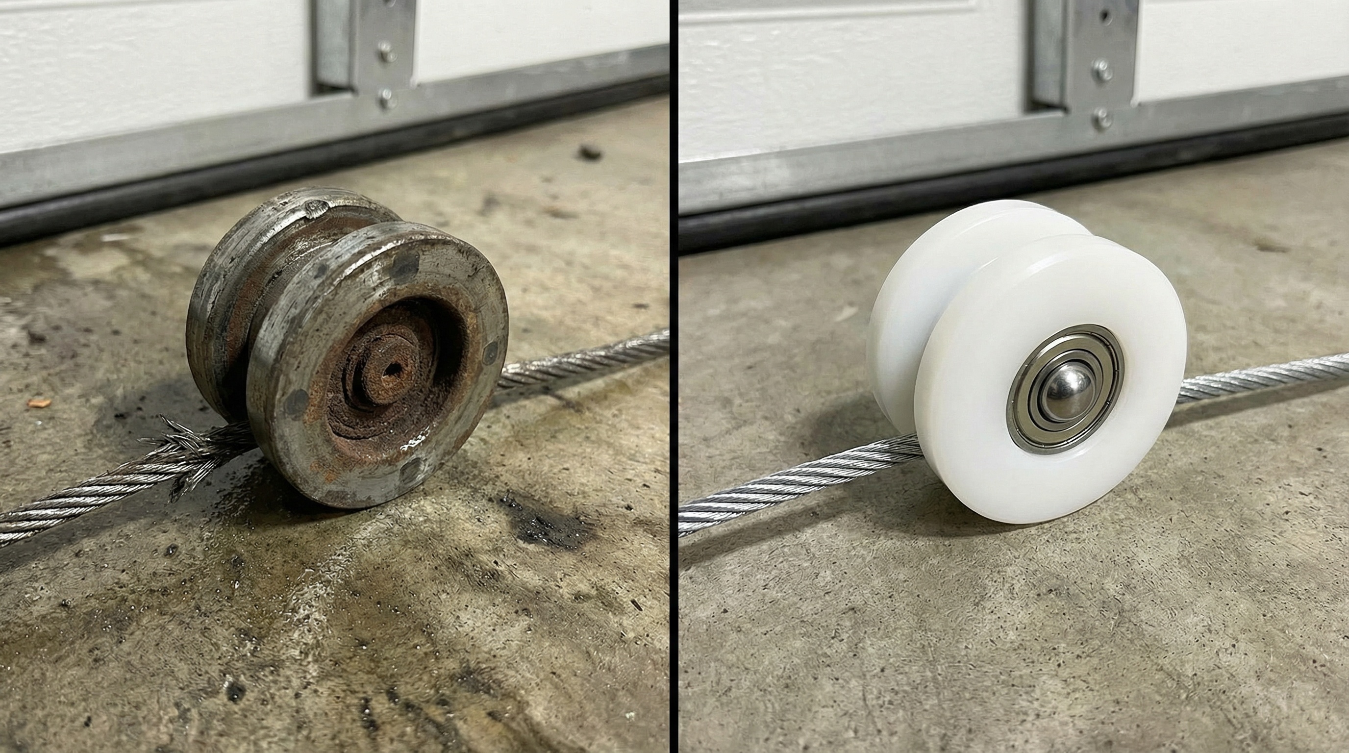 Comparison showing worn steel rollers versus new nylon rollers