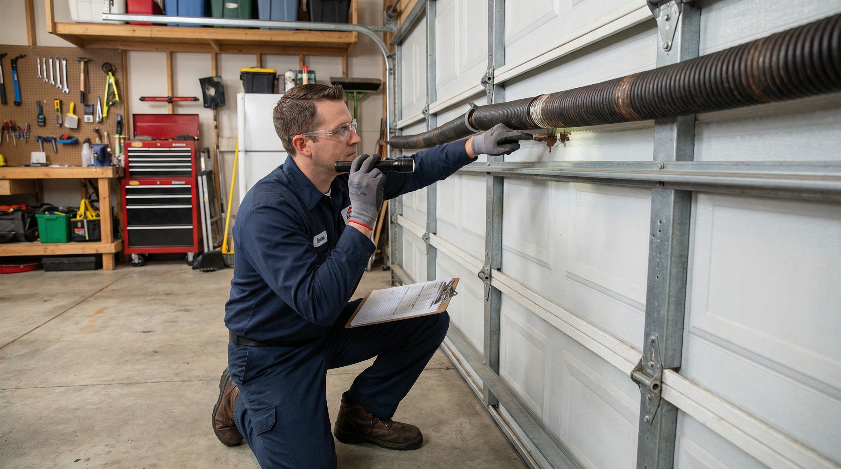 Technician inspecting garage door spring system for wear and damage during professional maintenance