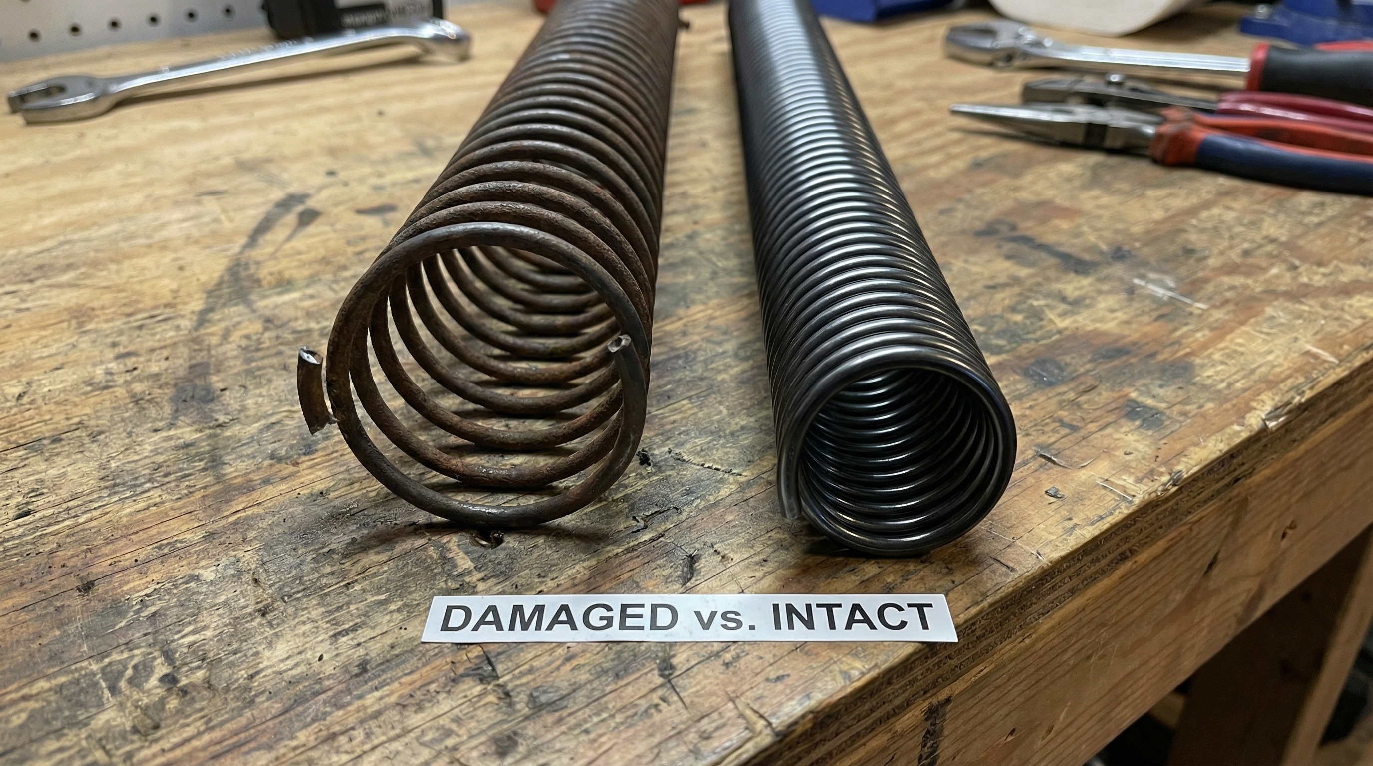 Garage door spring visual damage comparison broken vs healthy