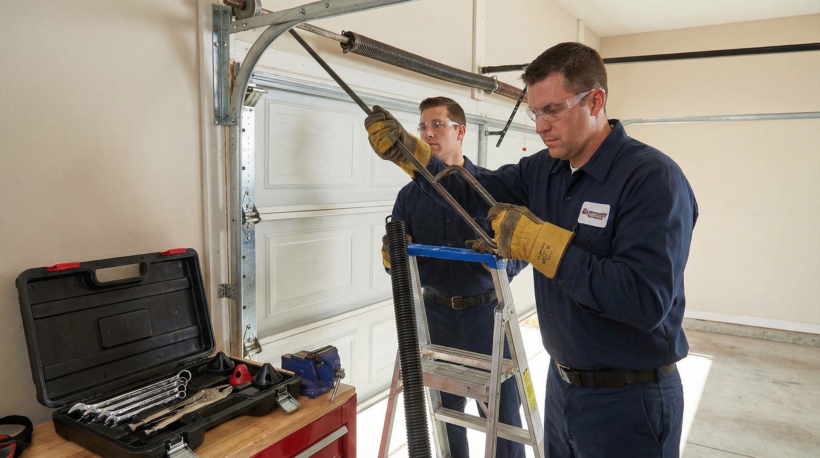 professional technician safely replacing garage door spring with proper tools